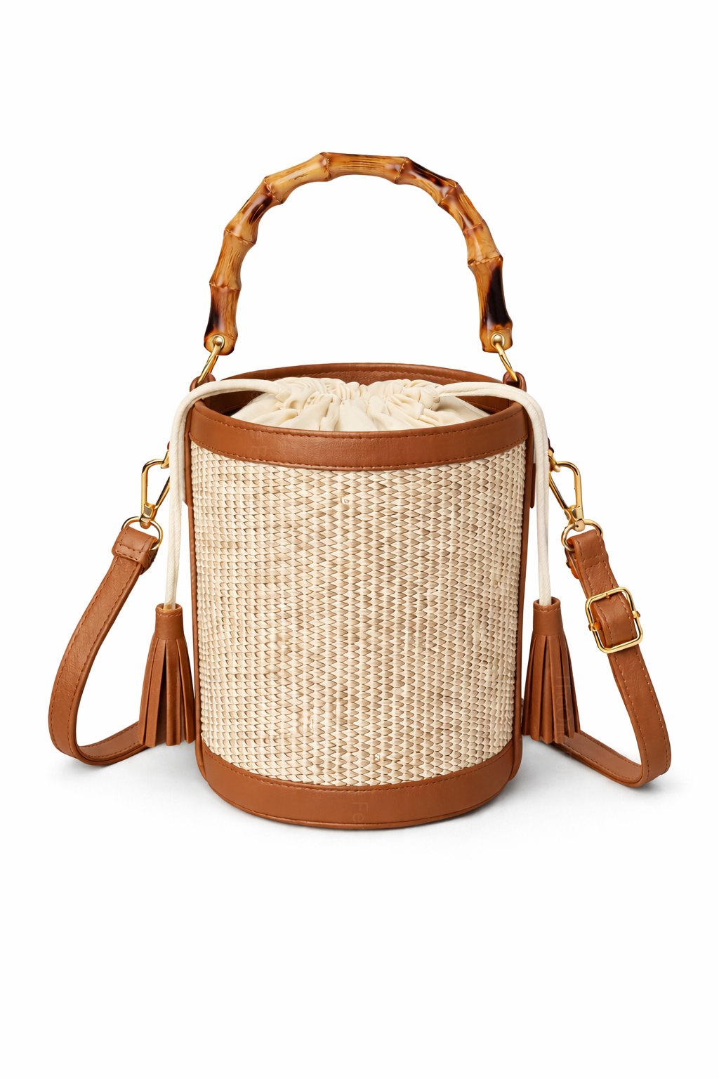 Borsa Secchiello Donna in Paglia con Manico Bamboo – Mini Borsa Estiva 18cm con Tracolla 15X15X18cm