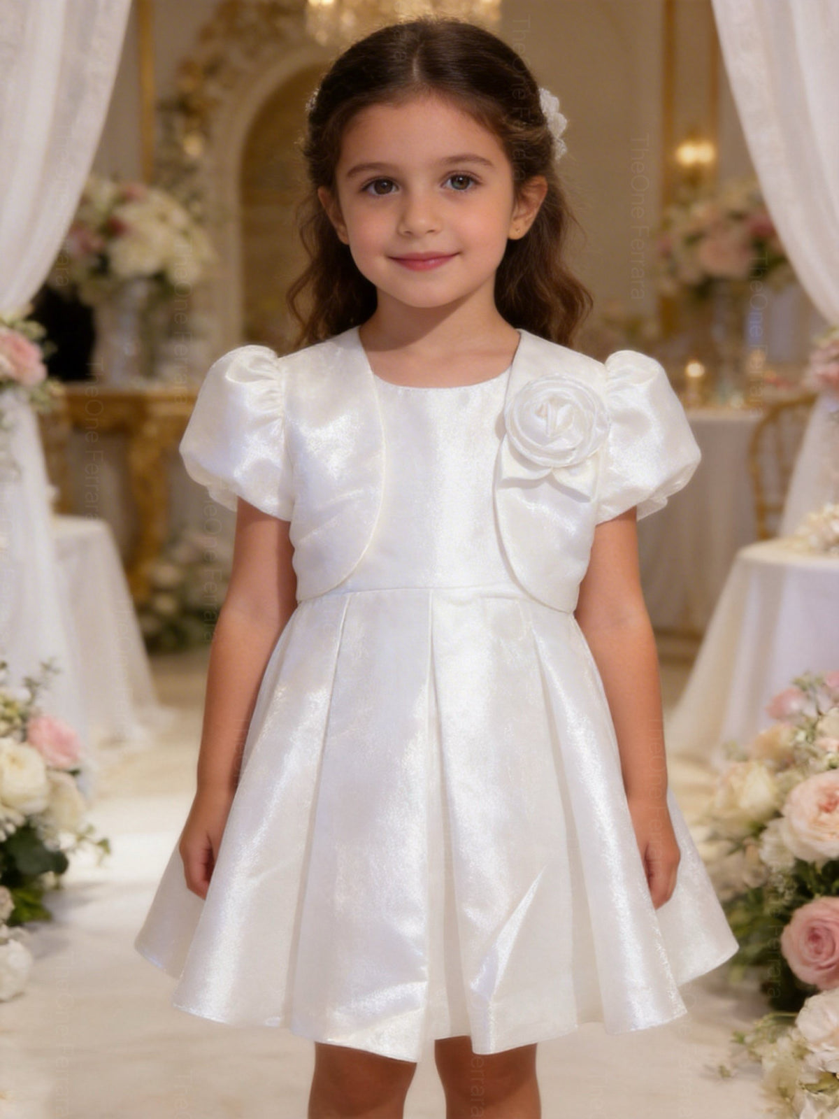 Abito Cerimonia Bambina con Bolero e Fiore – Vestito Elegante Rosa Cipria in Tessuto Strutturato Luminoso per Comunione, Matrimonio e Festa 1-6 anni
