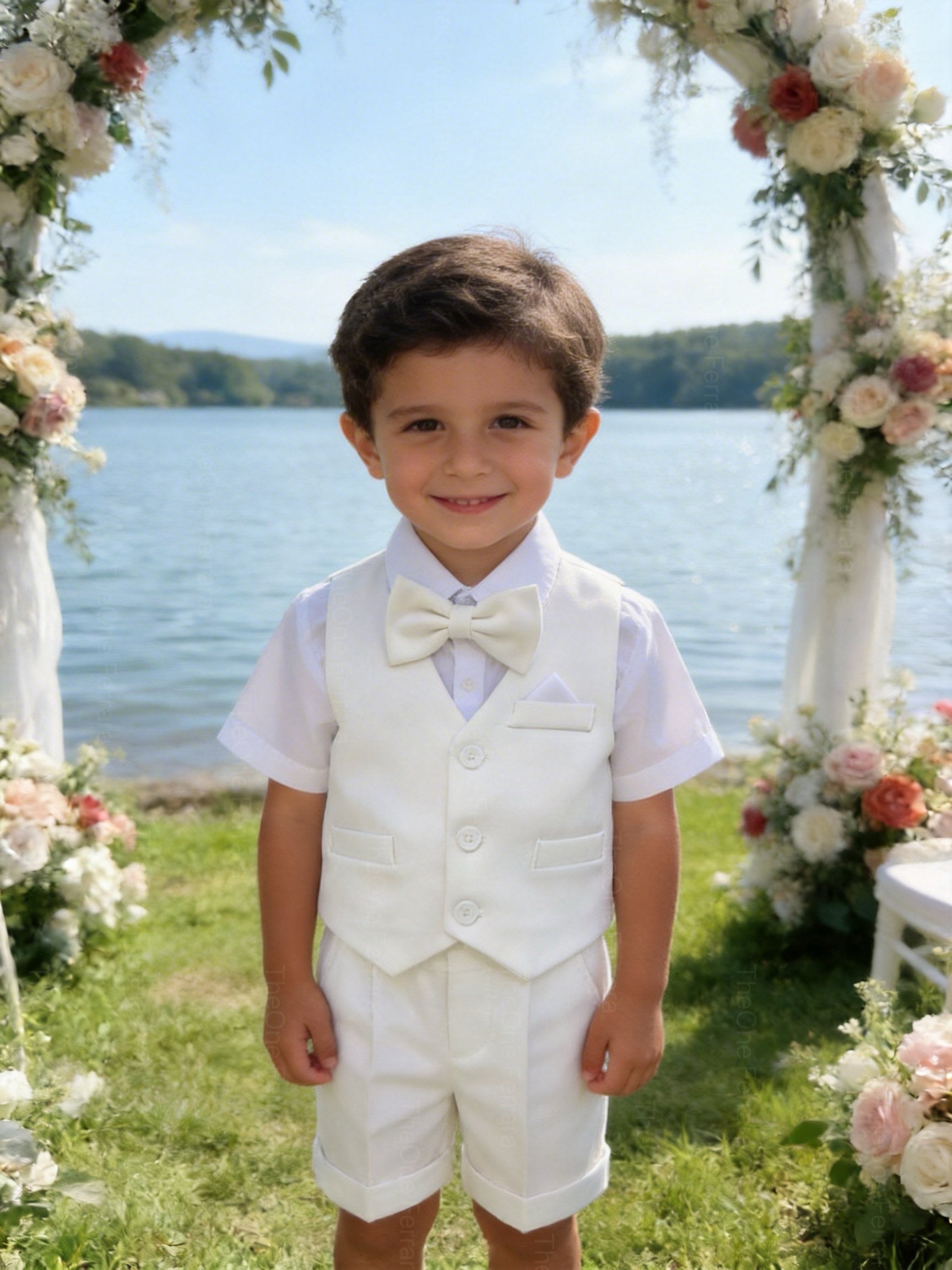 Completo Elegante Bambino Estivo 4 Pezzi con Pantaloncini Abito Cerimonia Matrimonio 1-8 Anni