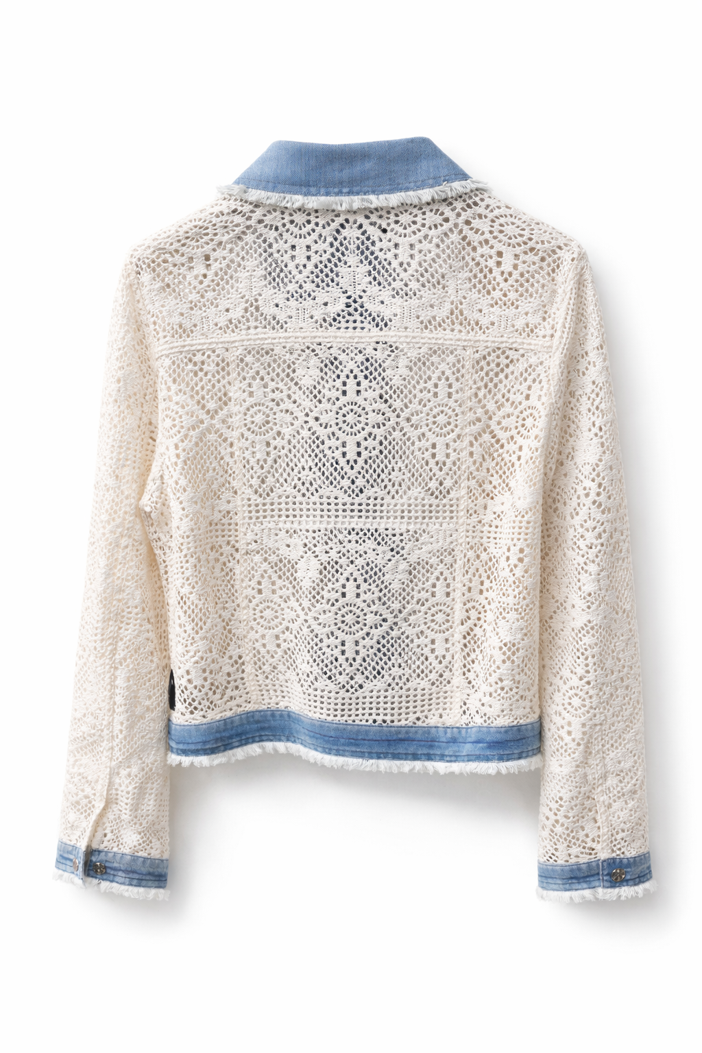 Giacca Donna Pizzo Crochet Traforato con Denim – Giubbino Boho Estivo Leggero con Ricami Floreali 5079