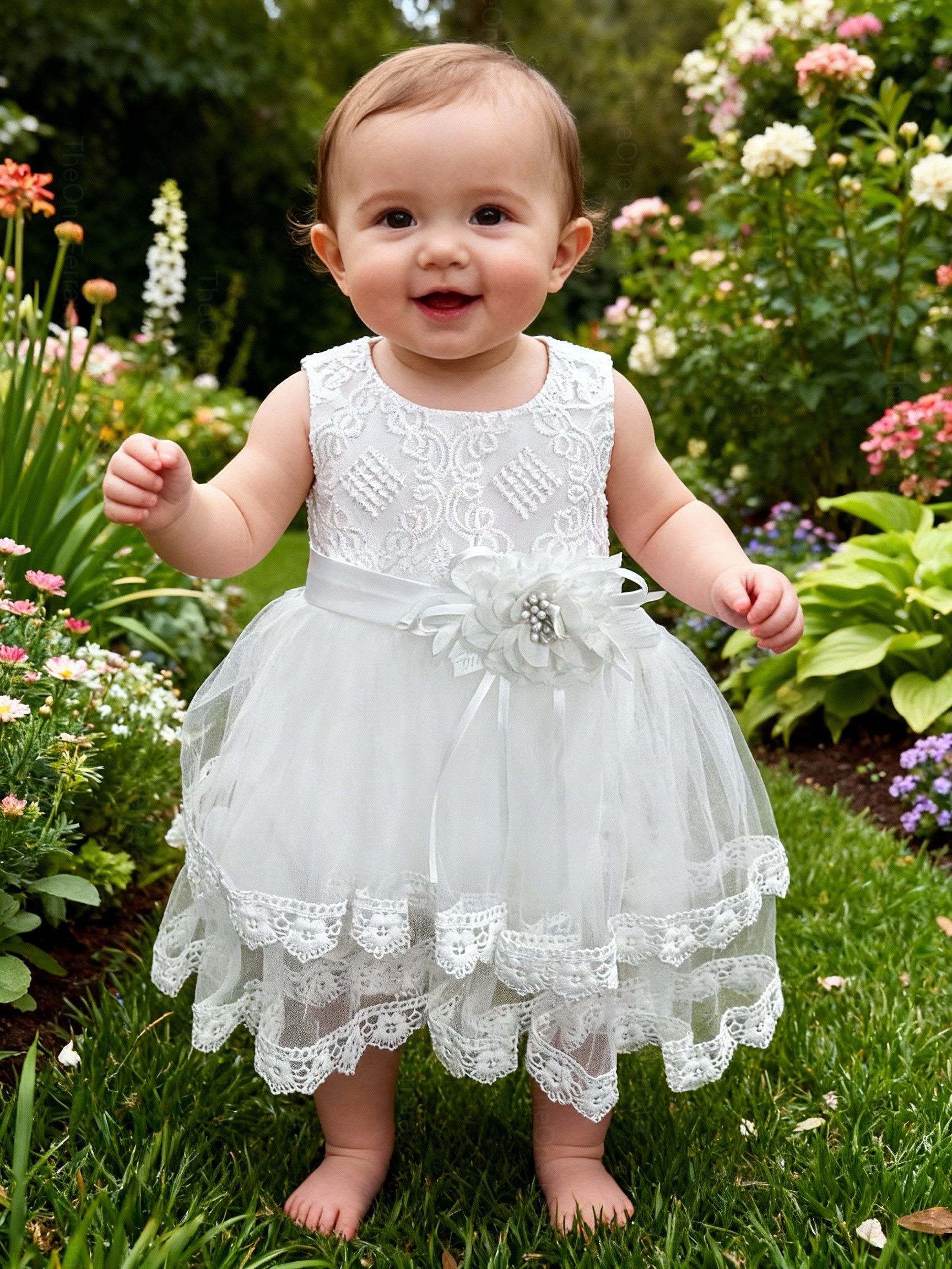 Abito da Battesimo Neonata Bianco 6–36 Mesi – Tulle a Strati con Bordo in Pizzo e Fiocco sul Retro Cerimonia Chiesa 660 Bianco
