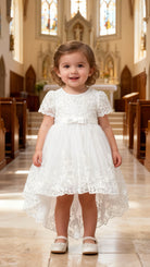 Abito da Cerimonia Bambina Bianco con Pizzo e Fiocco Rosa – Gonna Tulle a Coda di Sirena (6-36 Mesi)-TheOne 3658