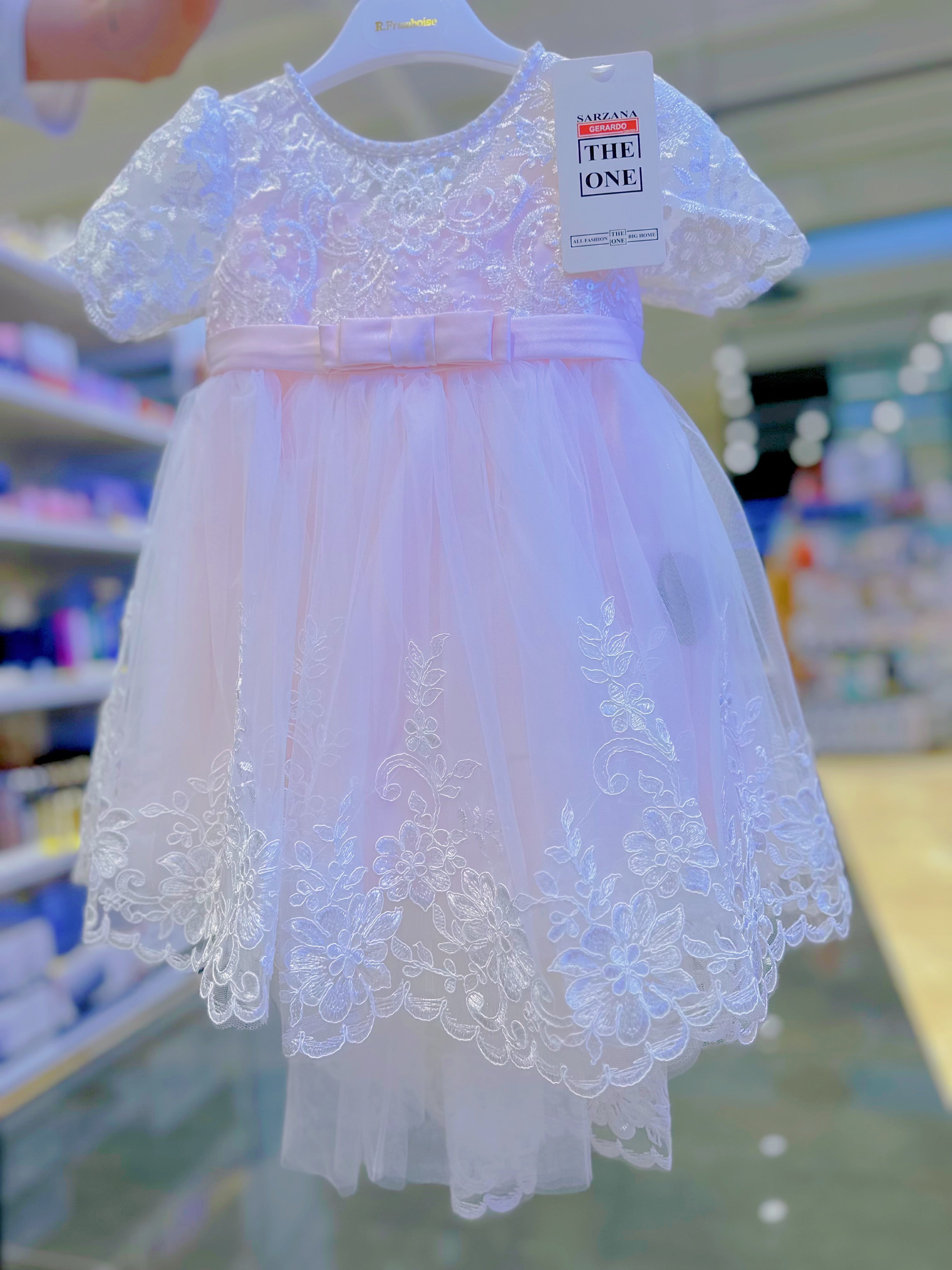 Abito da Cerimonia Bambina Bianco con Pizzo e Fiocco Rosa – Gonna Tulle a Coda di Sirena (6-36 Mesi)-TheOne 3658