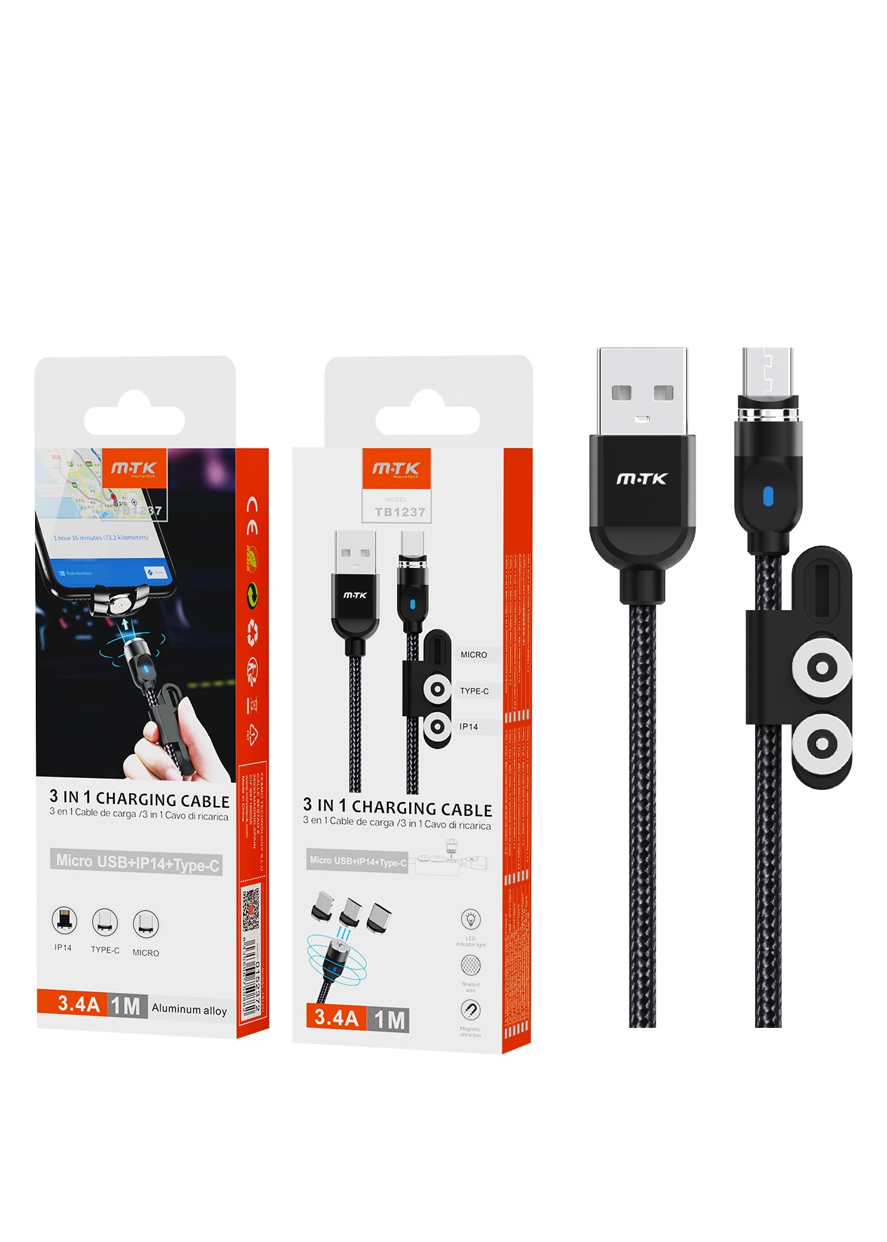 Cavo di Ricarica Magnetico 3 in 1 – MicroUSB, USB-C e Lightning | 3,4A 1m