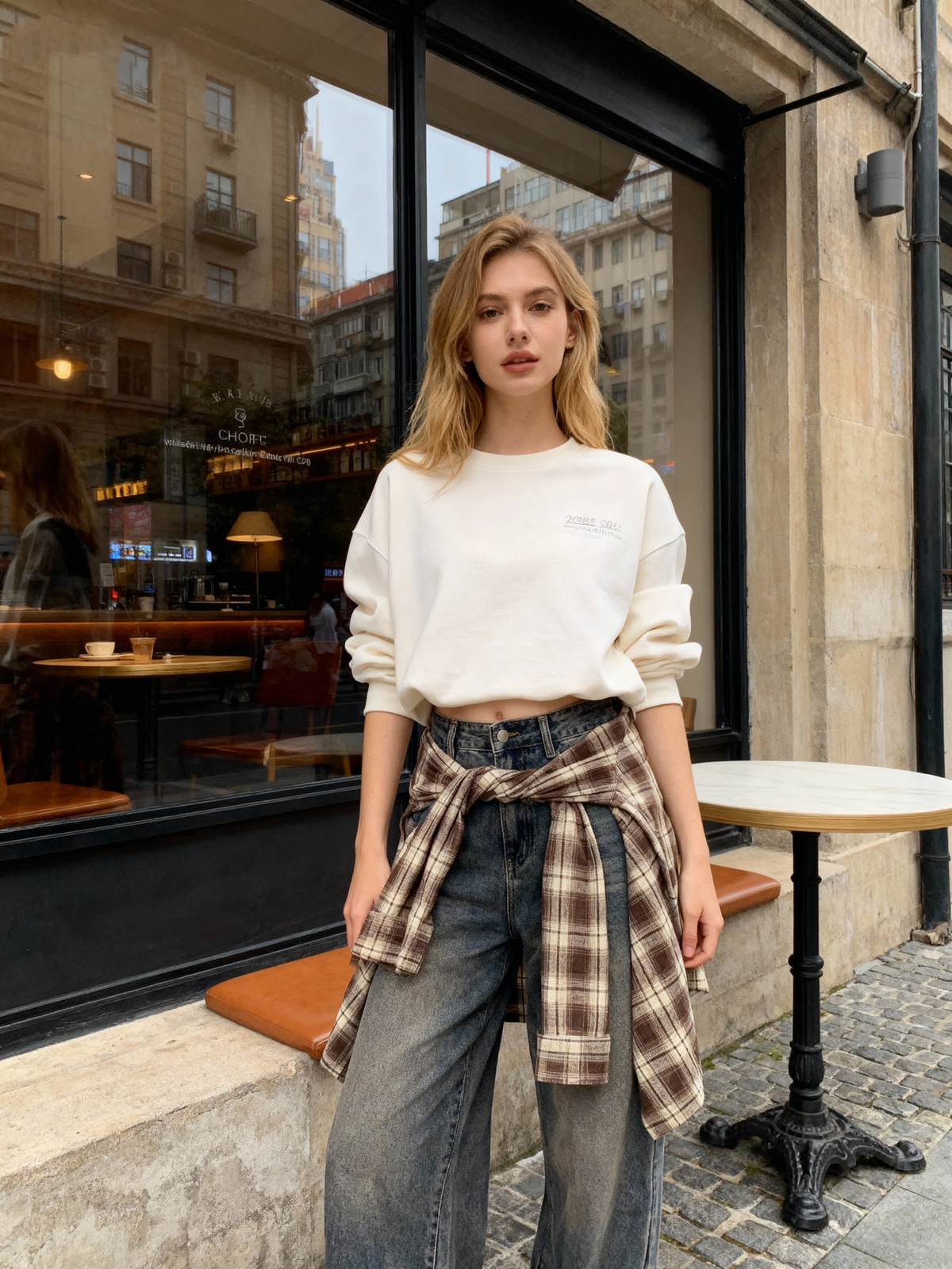 Jeans a Gamba Larga con Fascia a Quadri Rimovibile — Look Layered 2-in-1-T947