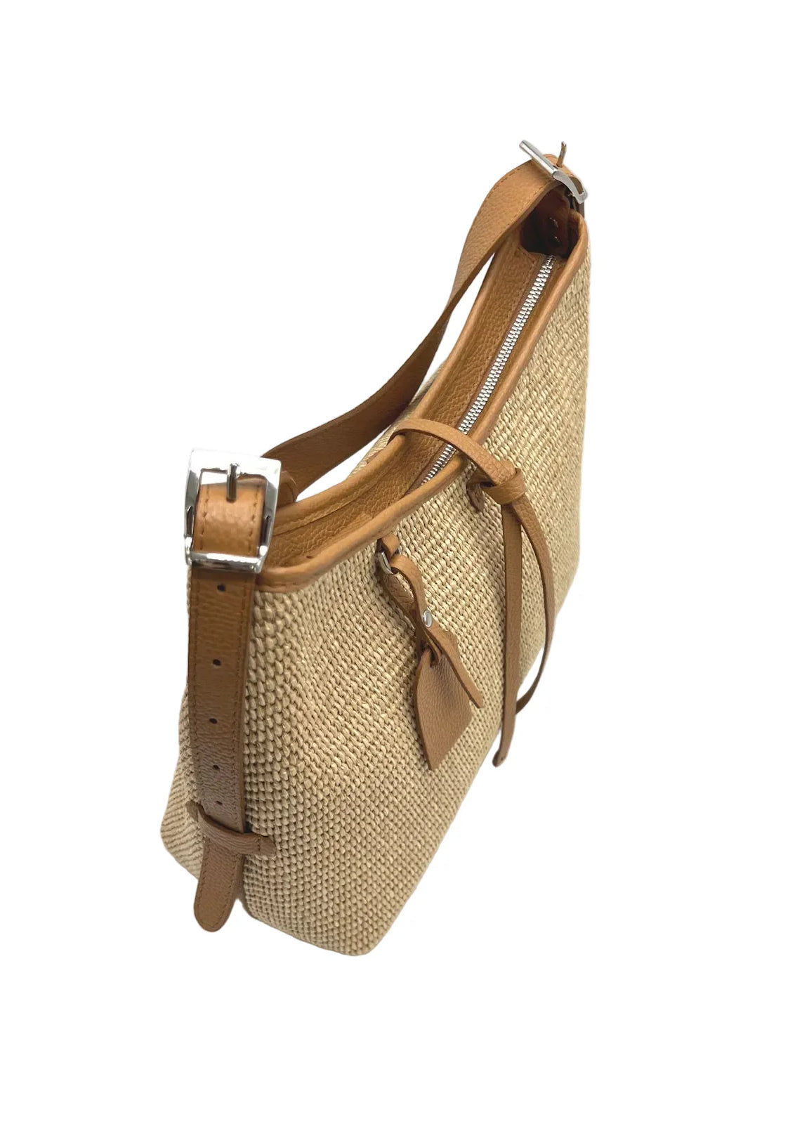 Borsa a Tracolla Estiva in Vera Pelle e Rafia, Chiusura a Cerniera, Made in Italy – art. 112751