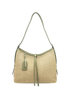 Borsa a Tracolla Estiva in Vera Pelle e Rafia, Chiusura a Cerniera, Made in Italy – art. 112751 Verde.Bottiglia