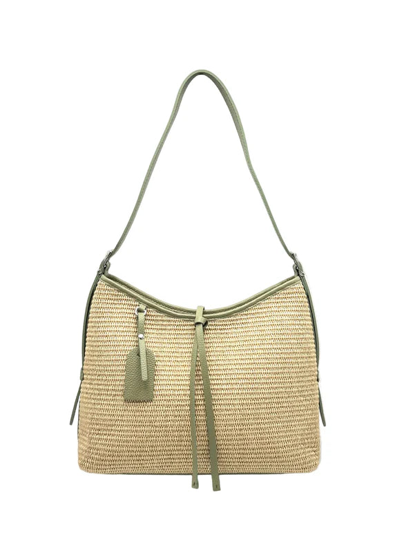 Borsa a Tracolla Estiva in Vera Pelle e Rafia, Chiusura a Cerniera, Made in Italy – art. 112751 Verde.Bottiglia