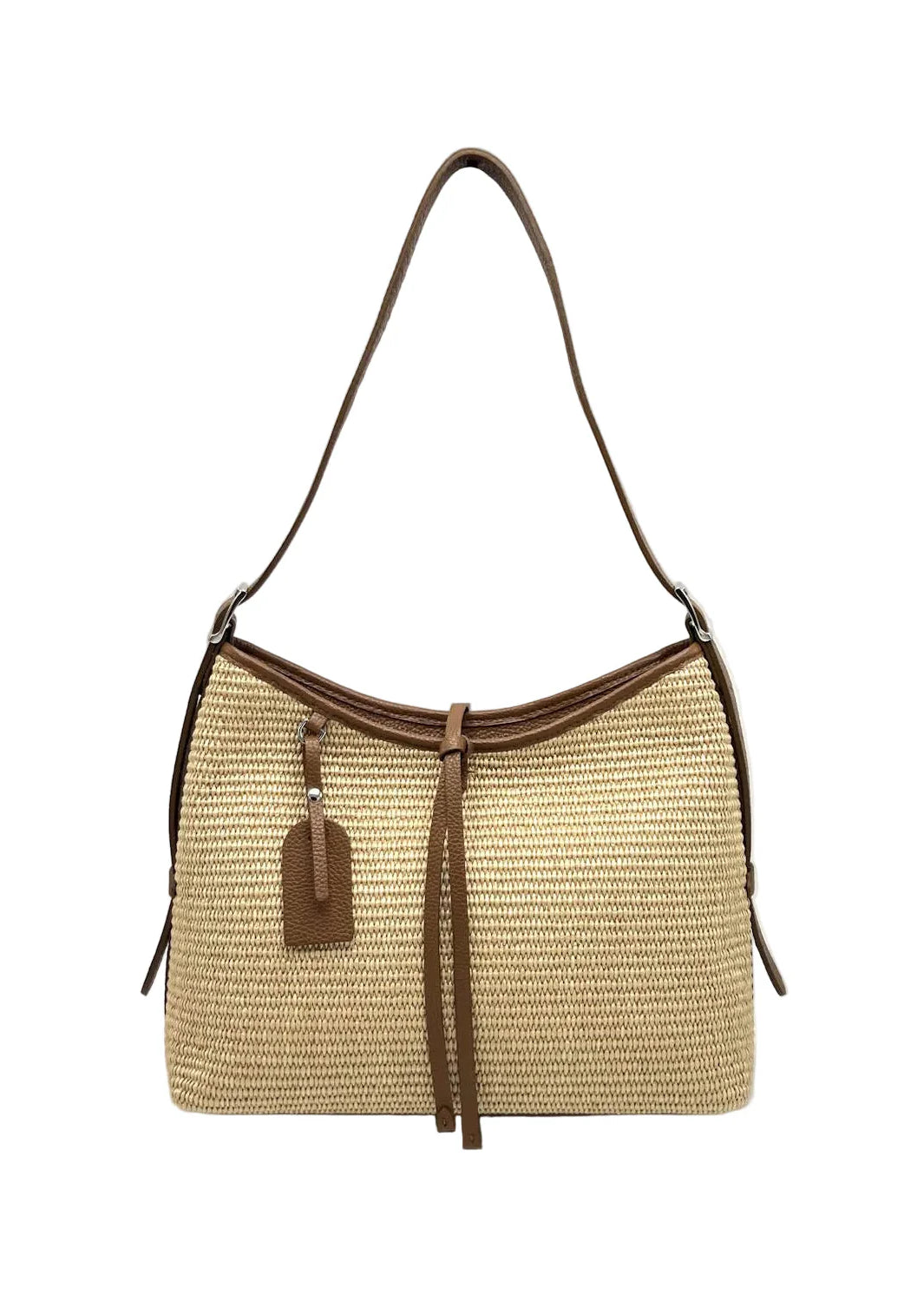 Borsa a Tracolla Estiva in Vera Pelle e Rafia, Chiusura a Cerniera, Made in Italy – art. 112751 Marrone scuro