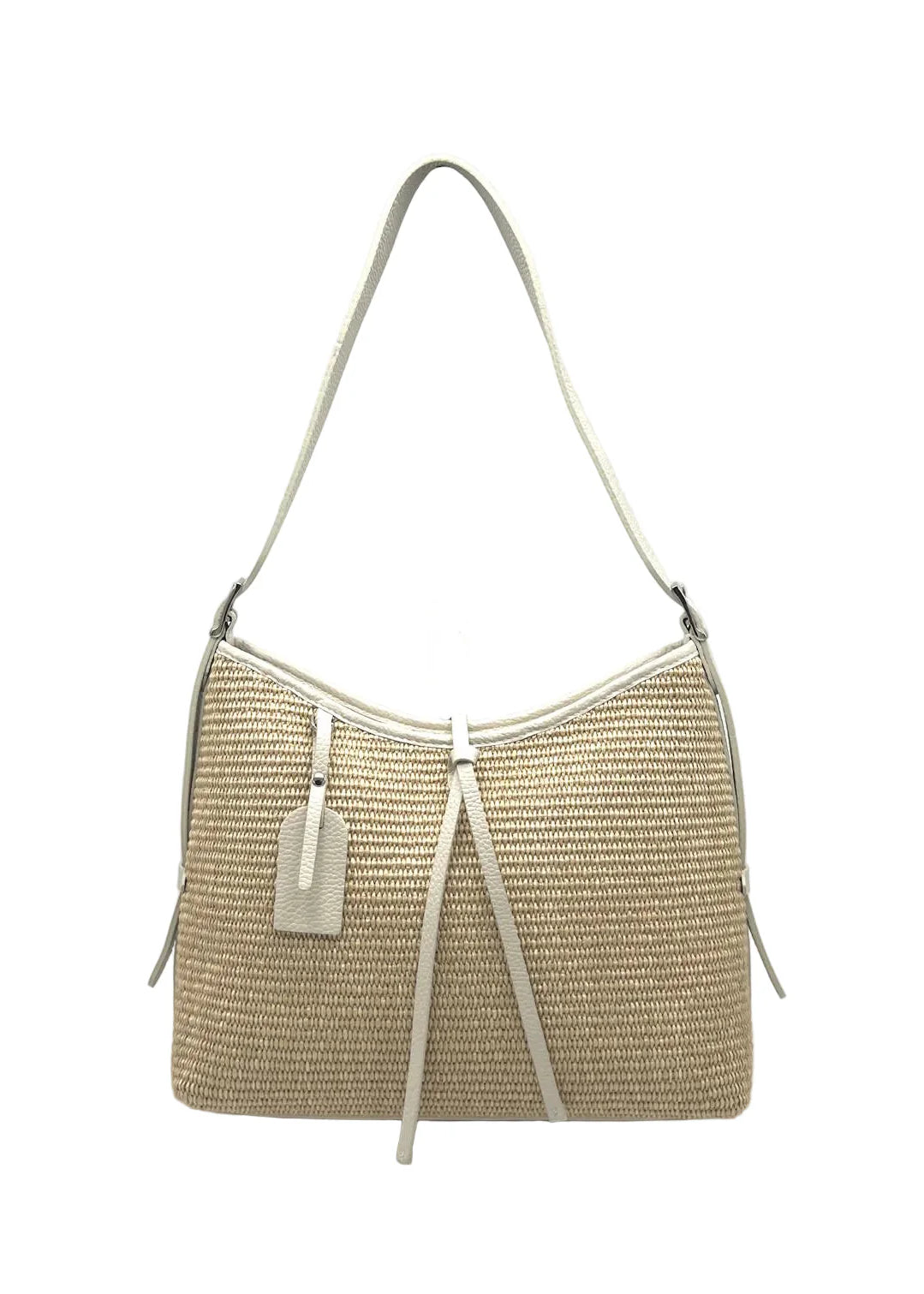 Borsa a Tracolla Estiva in Vera Pelle e Rafia, Chiusura a Cerniera, Made in Italy – art. 112751 Beige