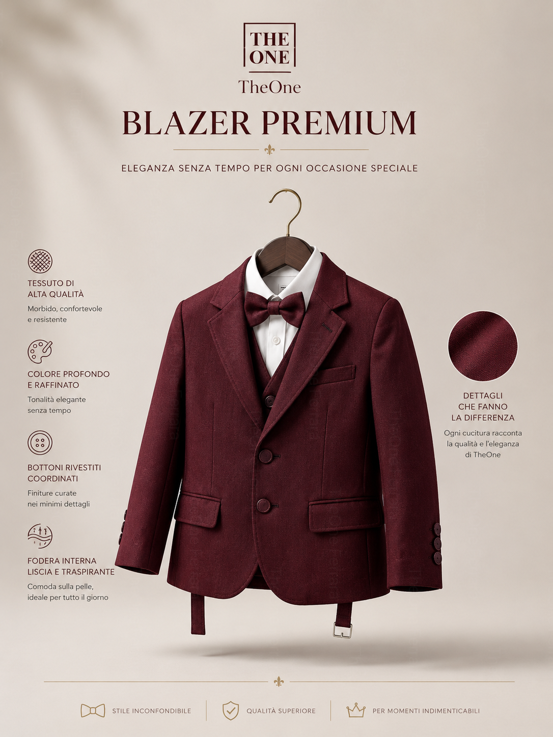 Completo Elegante Bambino Bordeaux 5 Pezzi con Giacca Gilet Pantaloni Camicia e Papillon
