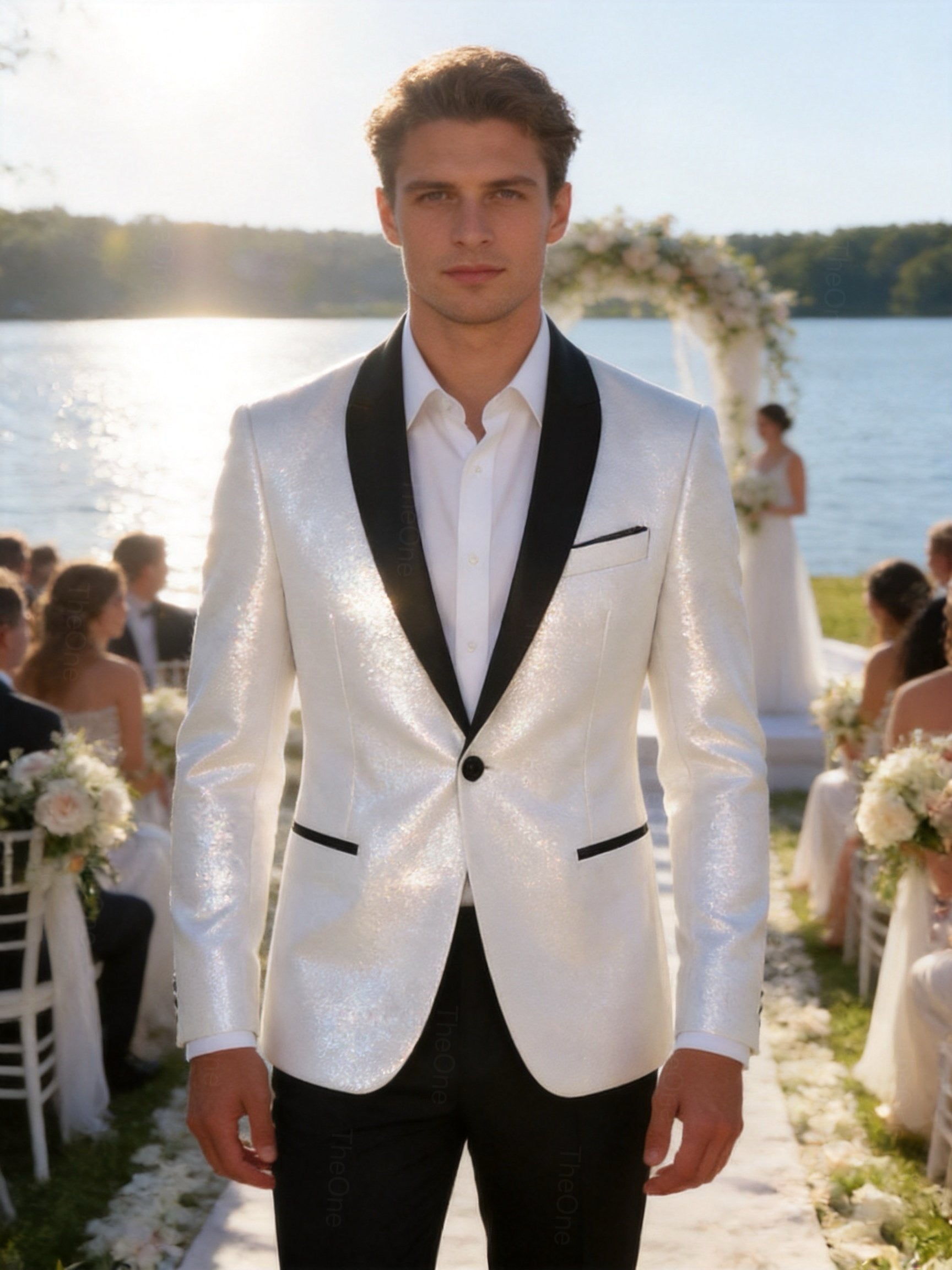Abito Uomo Cerimonia Bianco Brillantinato Slim Fit con Rever in Raso 2 Pezzi