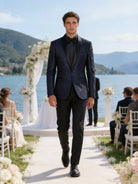 Abito Uomo Cerimonia Slim Fit Blu Jacquard Elegante Smoking Fantasia 2pz