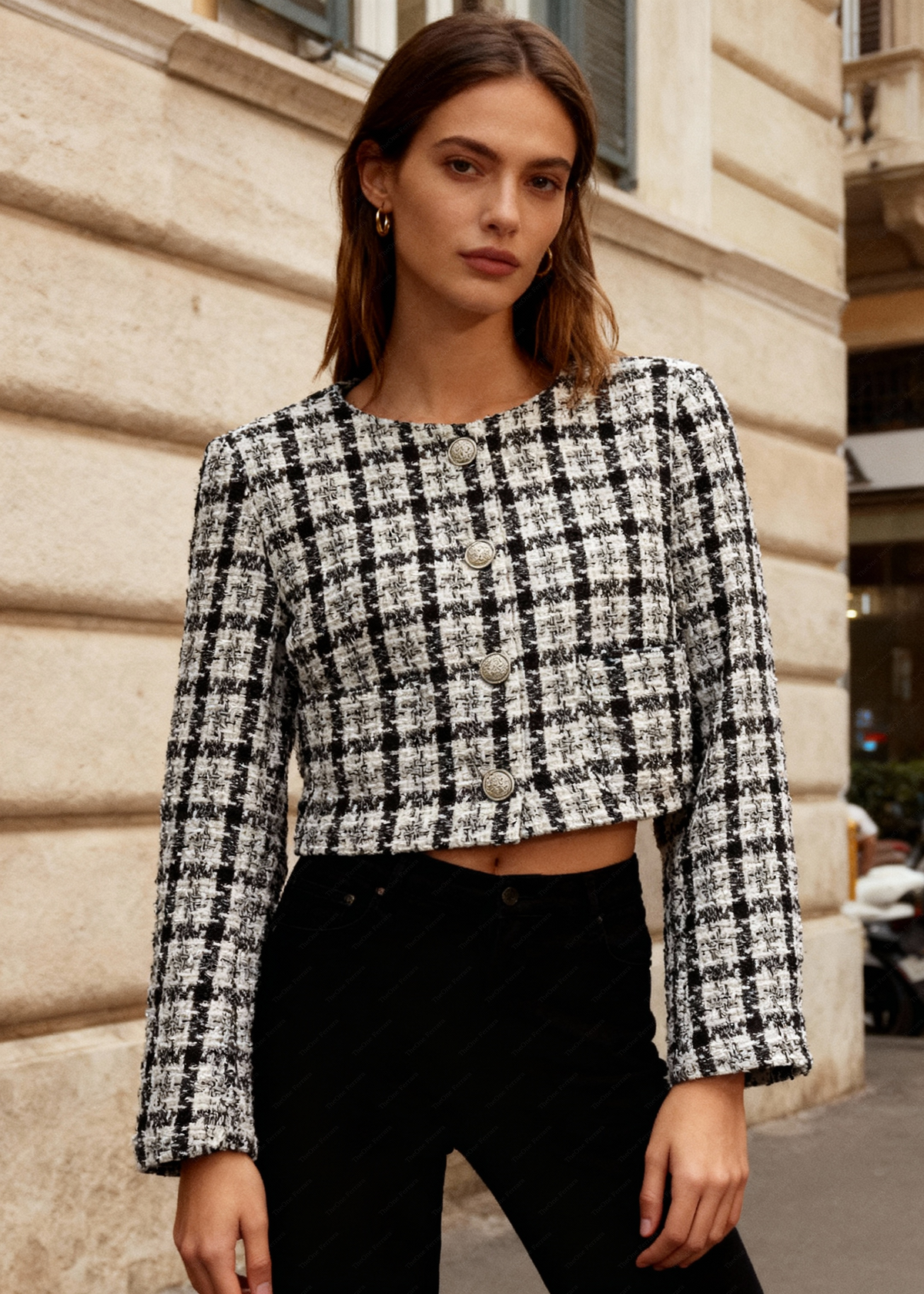 Giacca Corta Tweed Donna - Stile Chanel Cropped Jacket 16168 Nero
