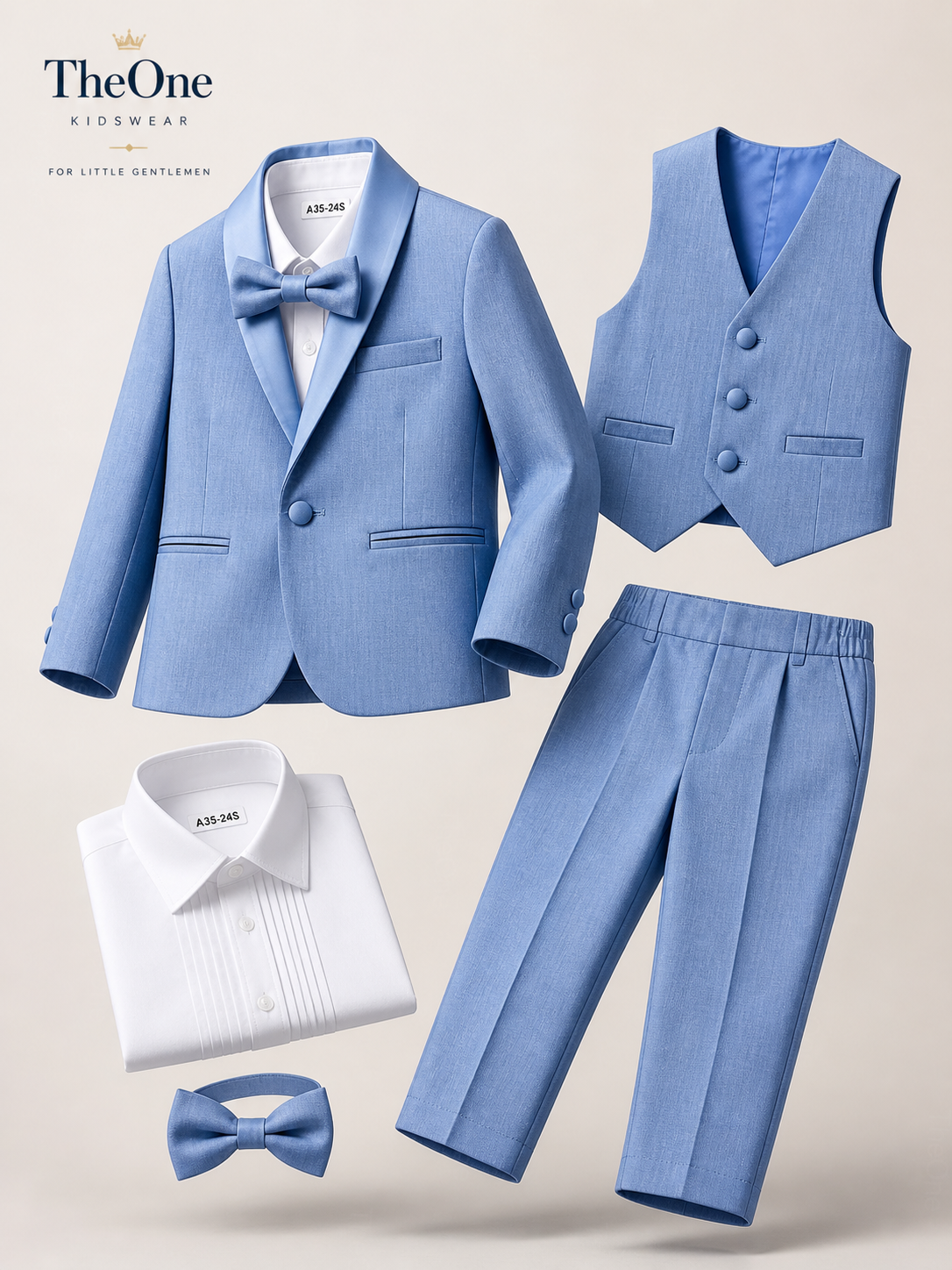 Completo Elegante Bambino Celeste 5 Pezzi con Papillon per Cerimonia e Matrimonio Denim