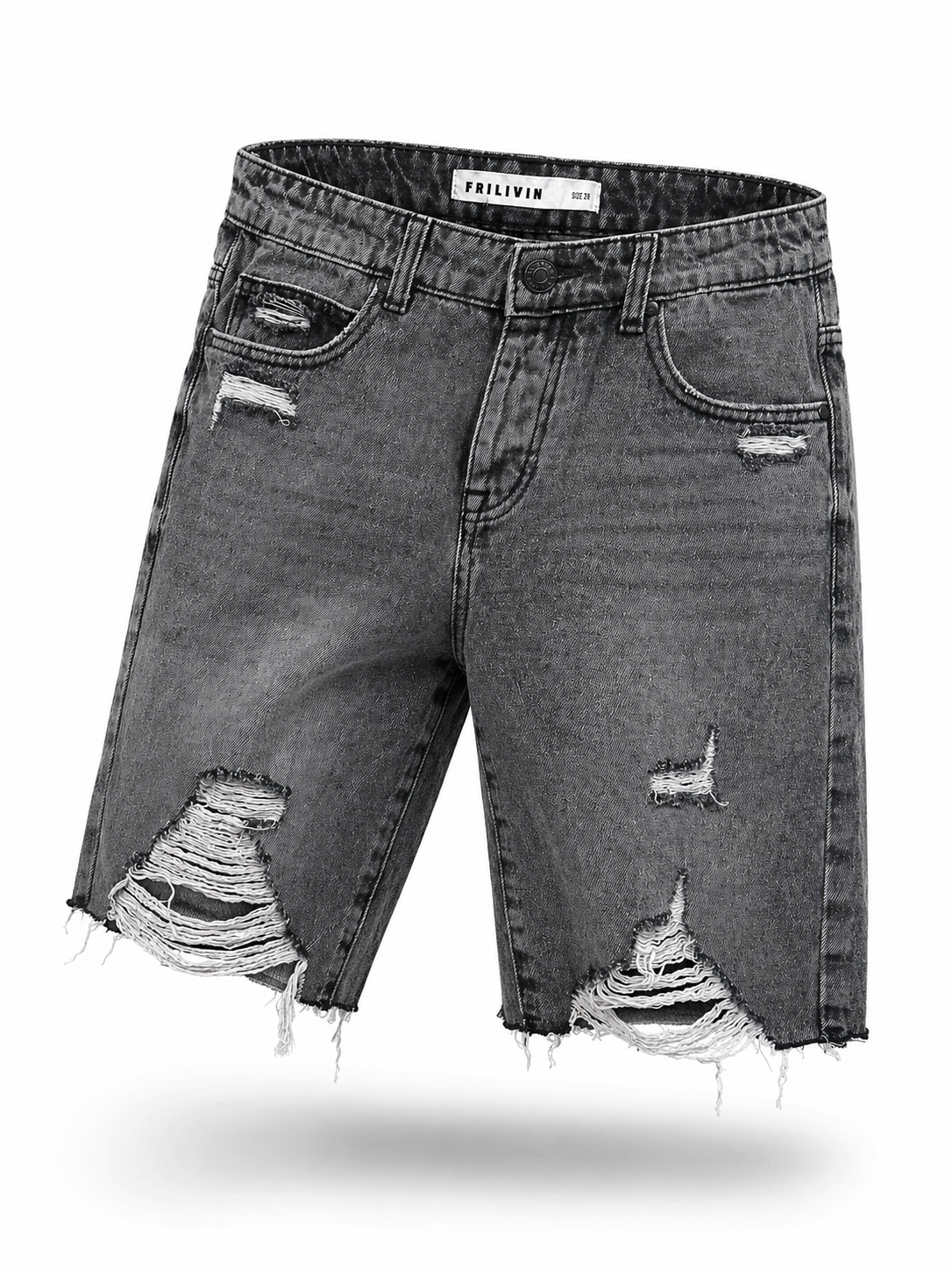 Bermuda Uomo Denim Strappato Slim Fit Effetto Used Streetwear Estate Nero