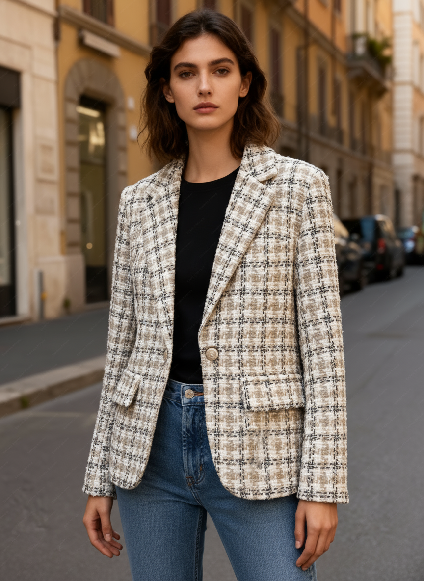Giacca Blazer Donna Tweed a Quadri - Stile Chanel Elegante 16195 Beige