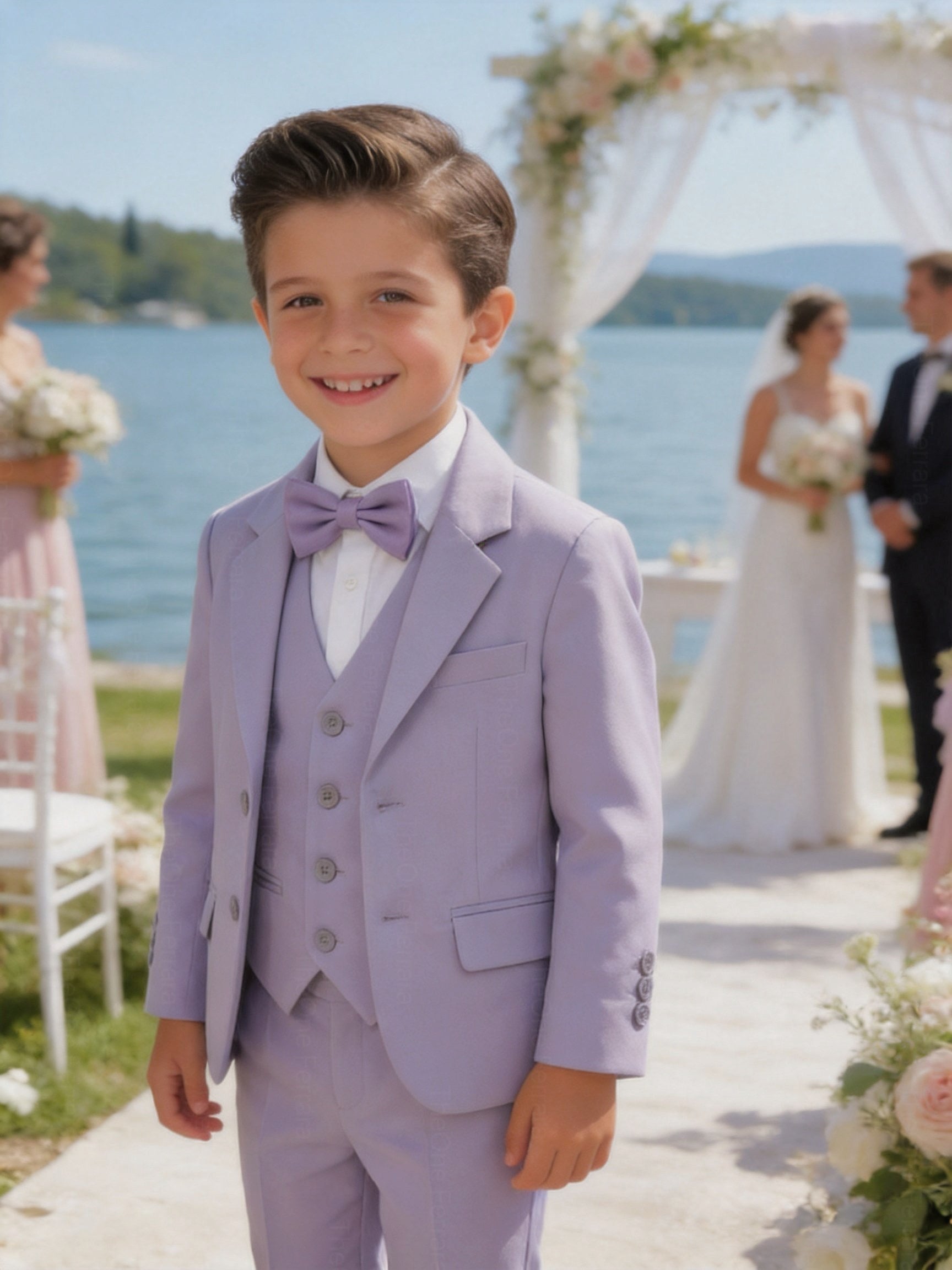 Completo Elegante Bambino Lilla 5 Pezzi con Giacca Gilet Pantaloni Camicia e Papillon