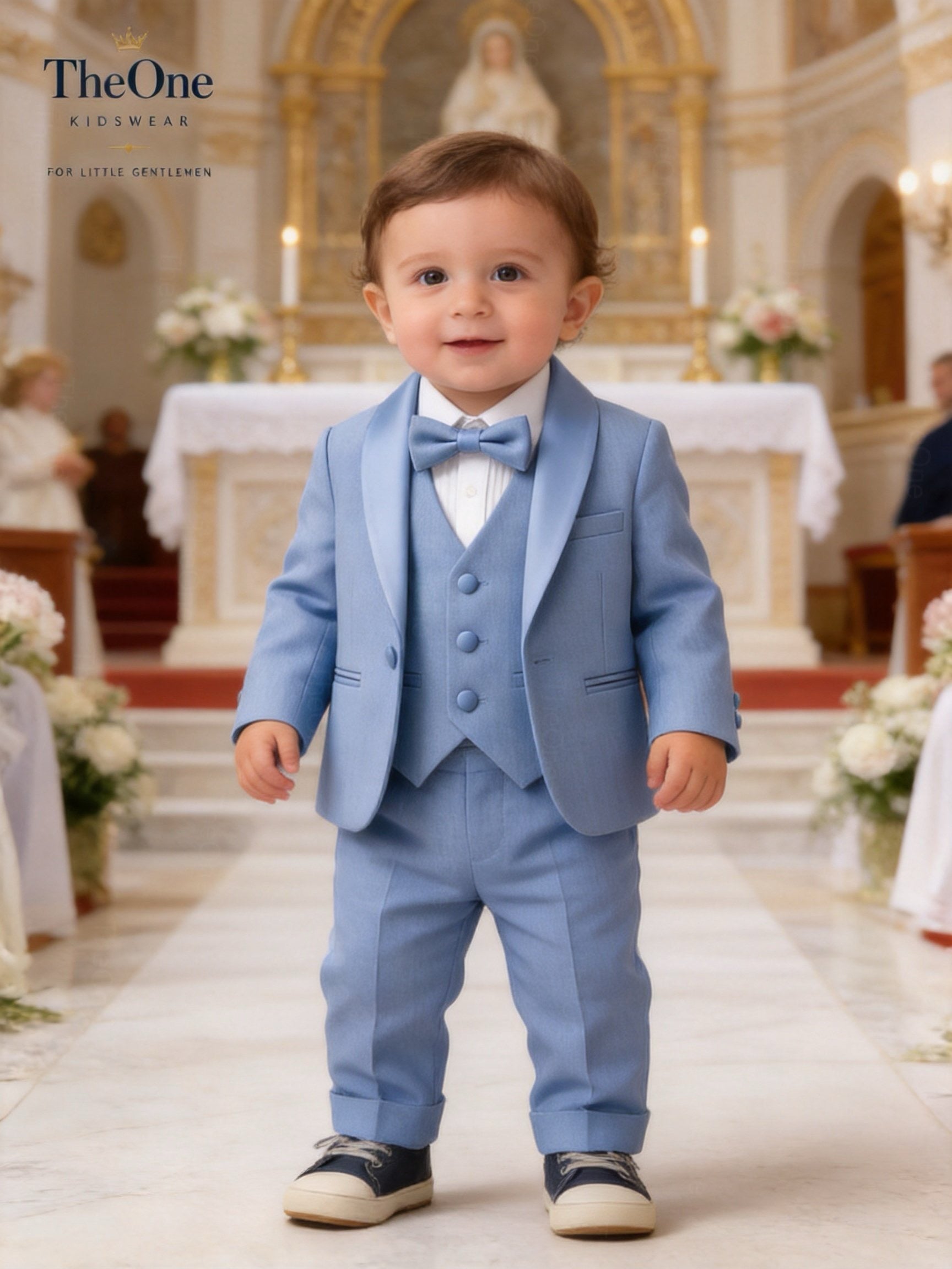 Completo Elegante Bambino Celeste 5 Pezzi con Papillon per Cerimonia e Matrimonio