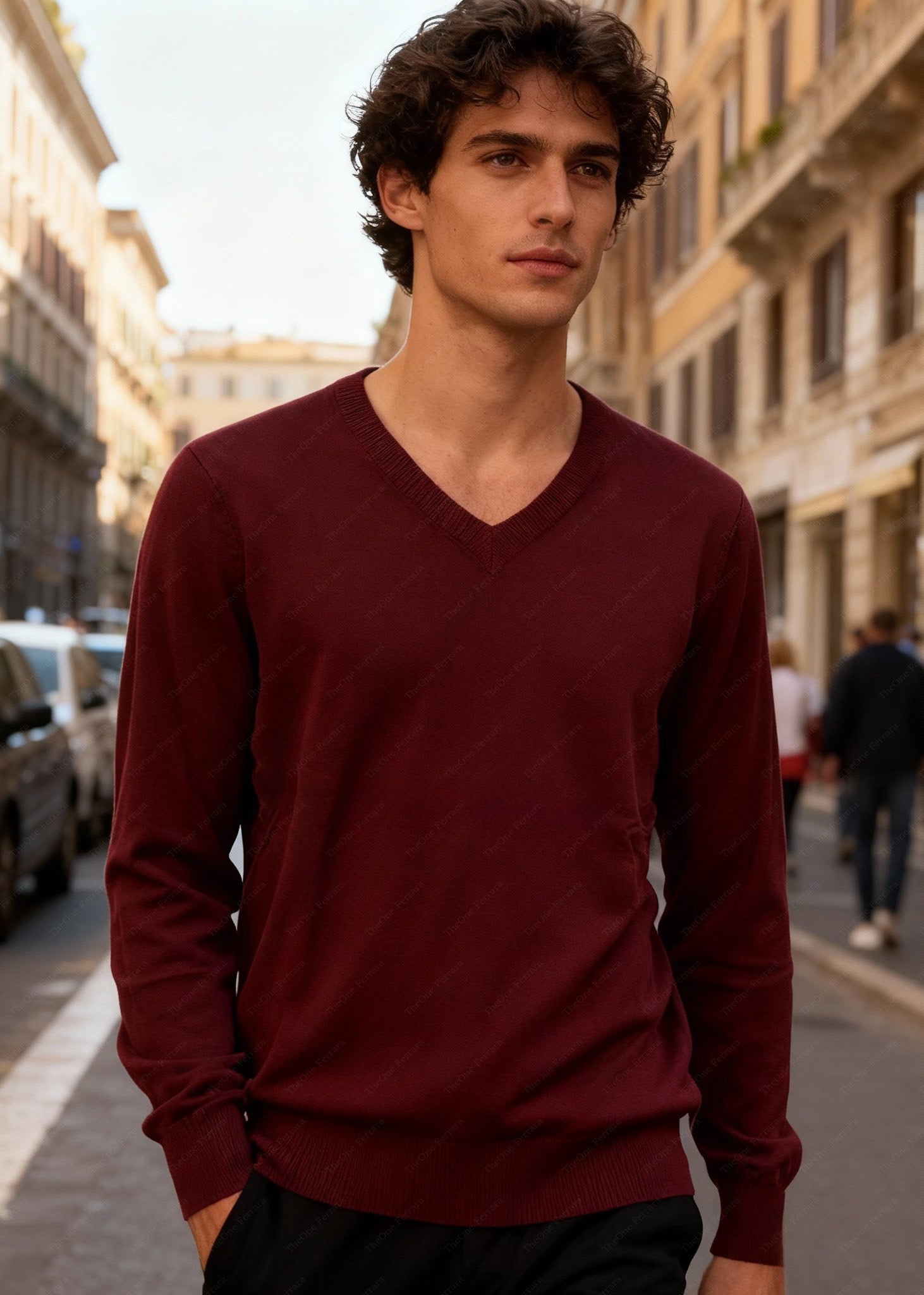 Maglione Uomo Scollo a V in Viscosa - Pullover Elasticizzato Elegante 35607 Bordeaux
