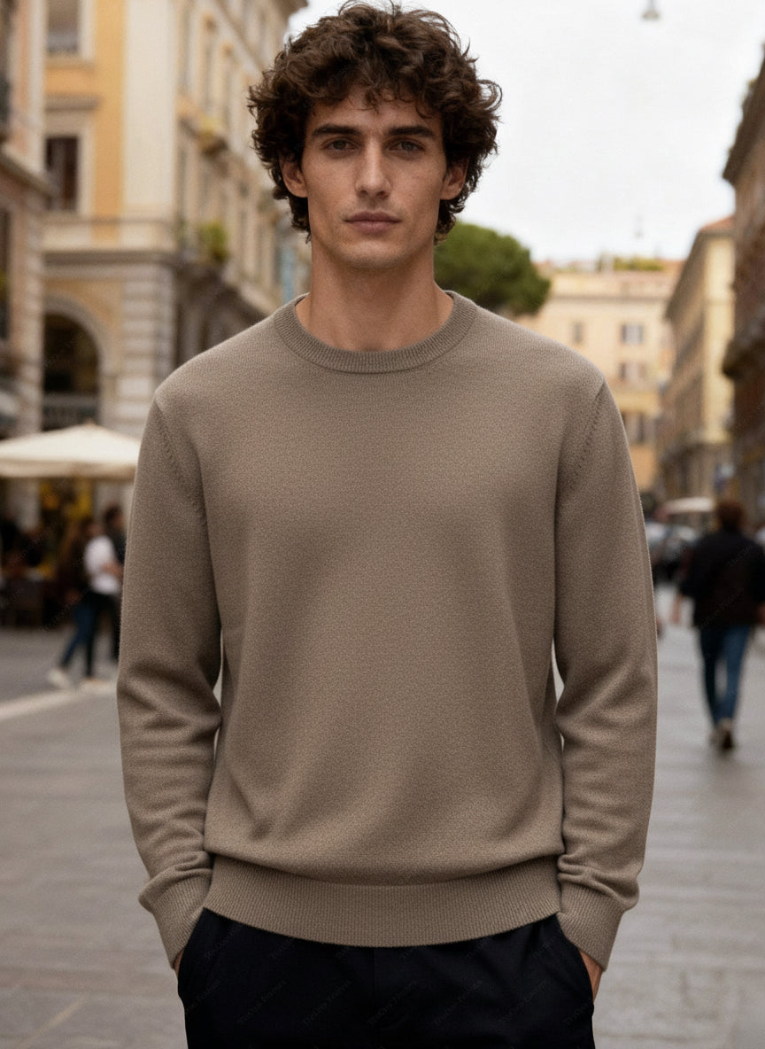 Maglione Uomo Girocollo in Viscosa - Pullover Morbido Elasticizzato-35613 Kakhi