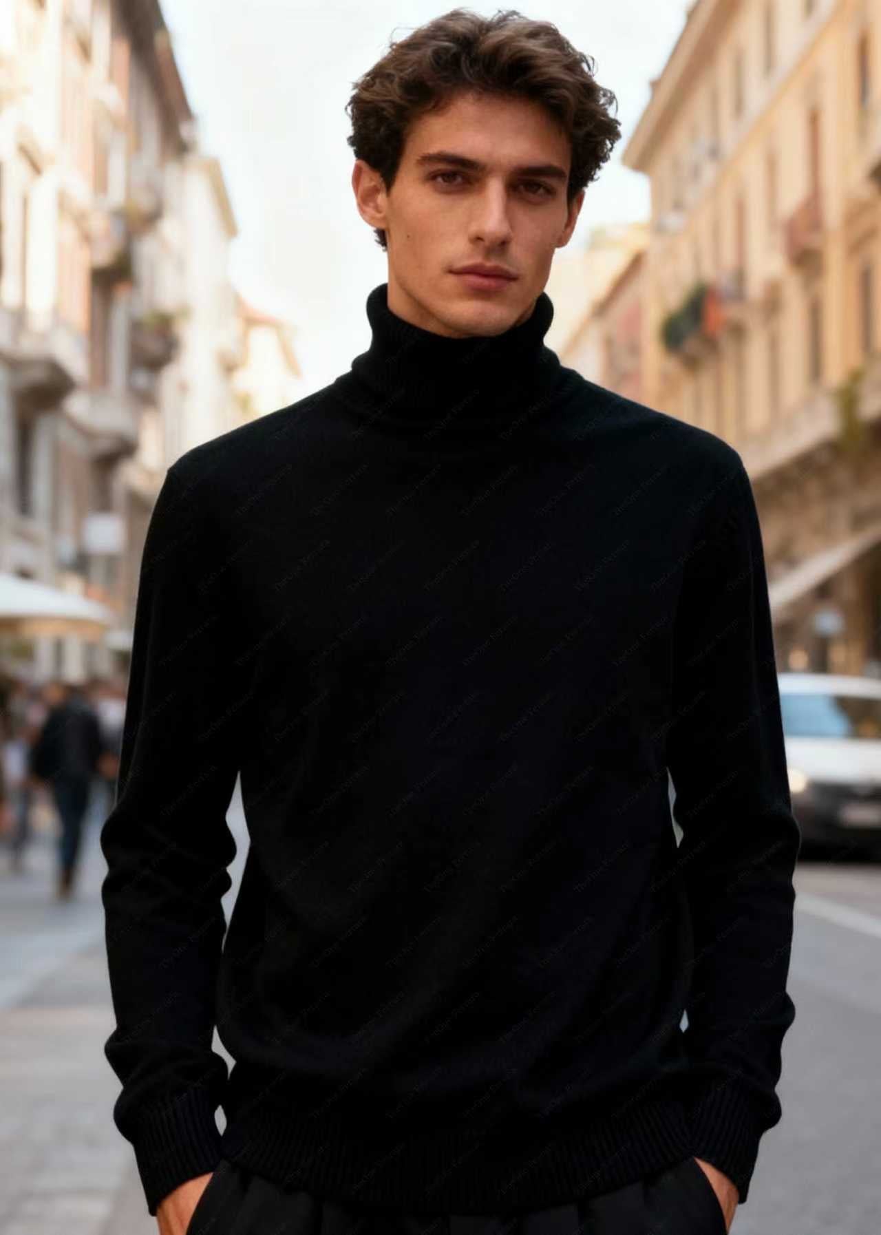 Maglione Uomo Dolcevita Classico - Doppio Collo Alto Maglia Fine Elegantec t-003 Nero