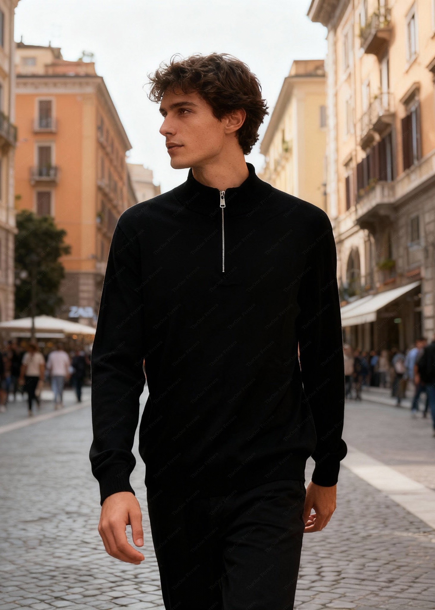 Maglione Uomo Mezza Zip - Pullover Viscosa Modal Collo Alto c t-007 Nero