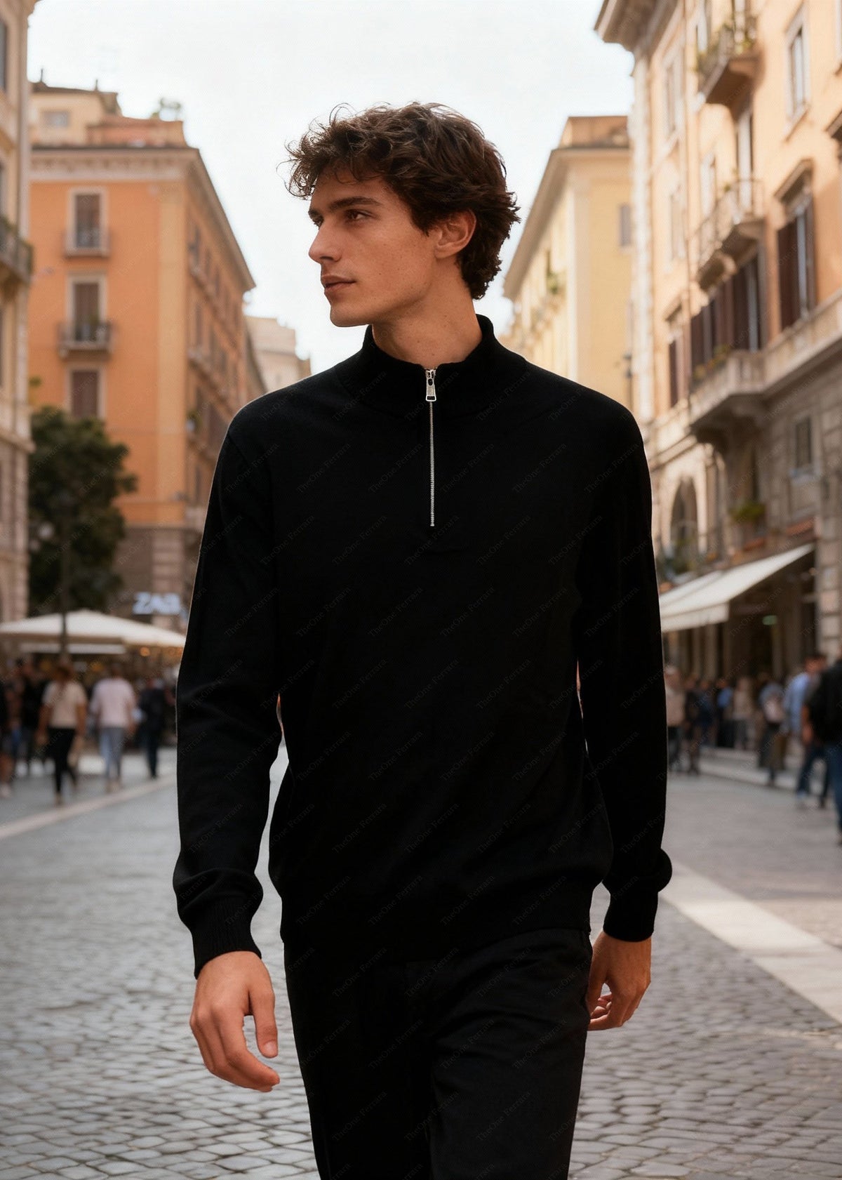 Maglione Uomo Mezza Zip - Pullover Viscosa Modal Collo Alto c t-007 Nero