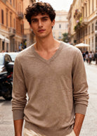 Maglione Uomo Scollo a V in Viscosa - Pullover Elasticizzato Elegante 35607 Kakhi