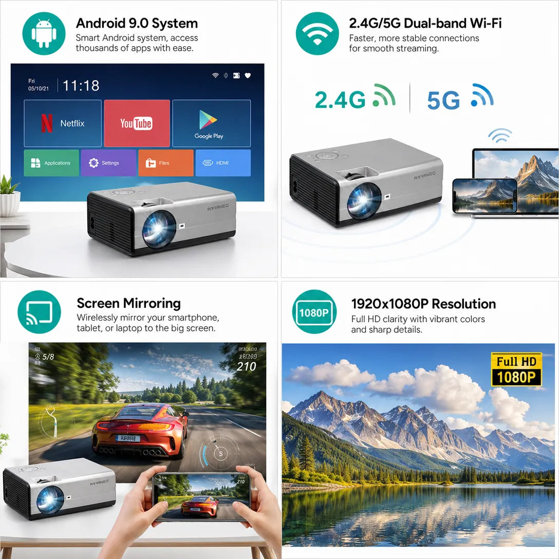 Videoproiettore LED 1080P | Schermo 200 Pollici con Telecomando e Speaker
