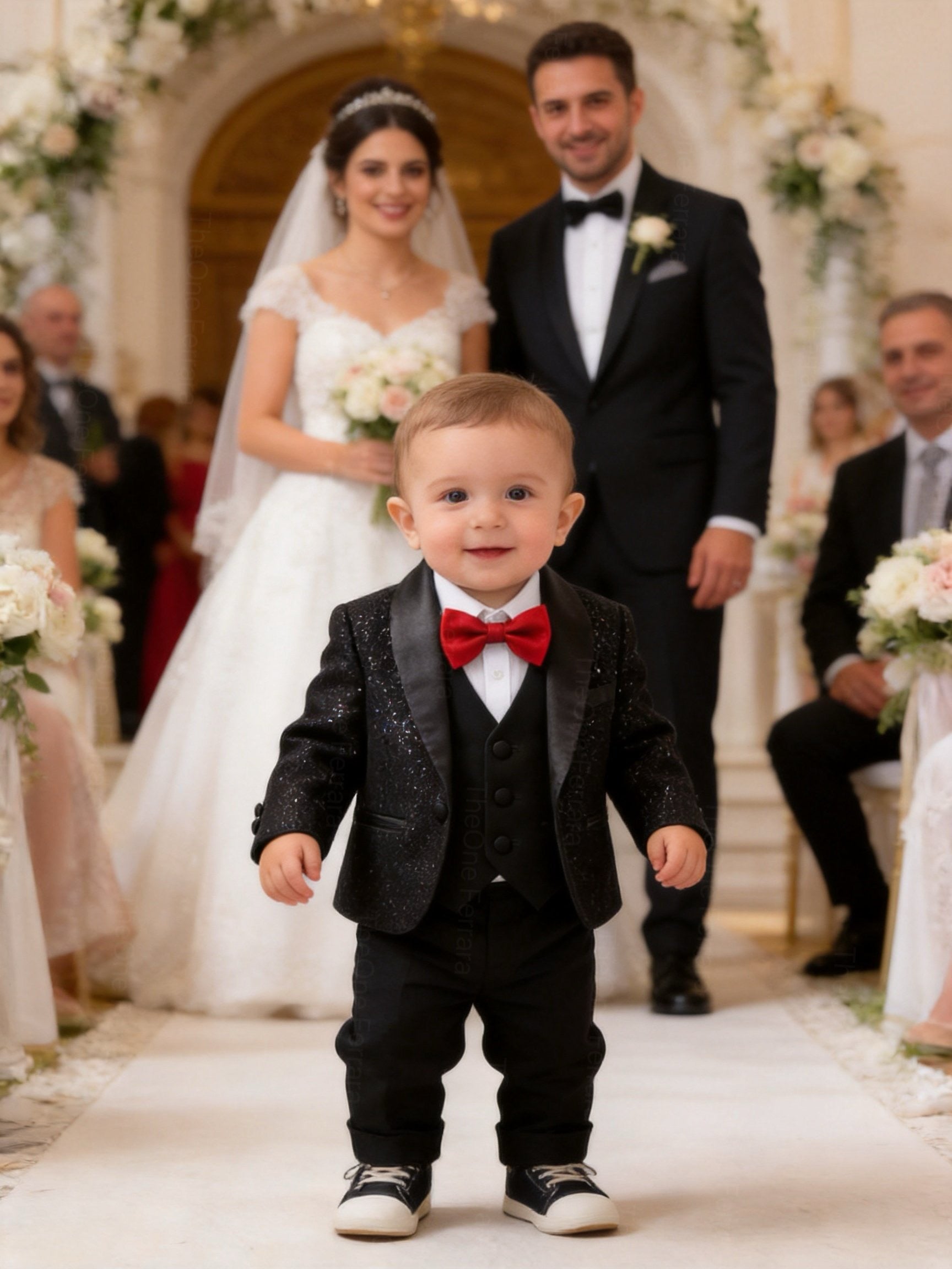 Completo Elegante Bambino 5 Pezzi Smoking Nero Glitter con Papillon Rosso