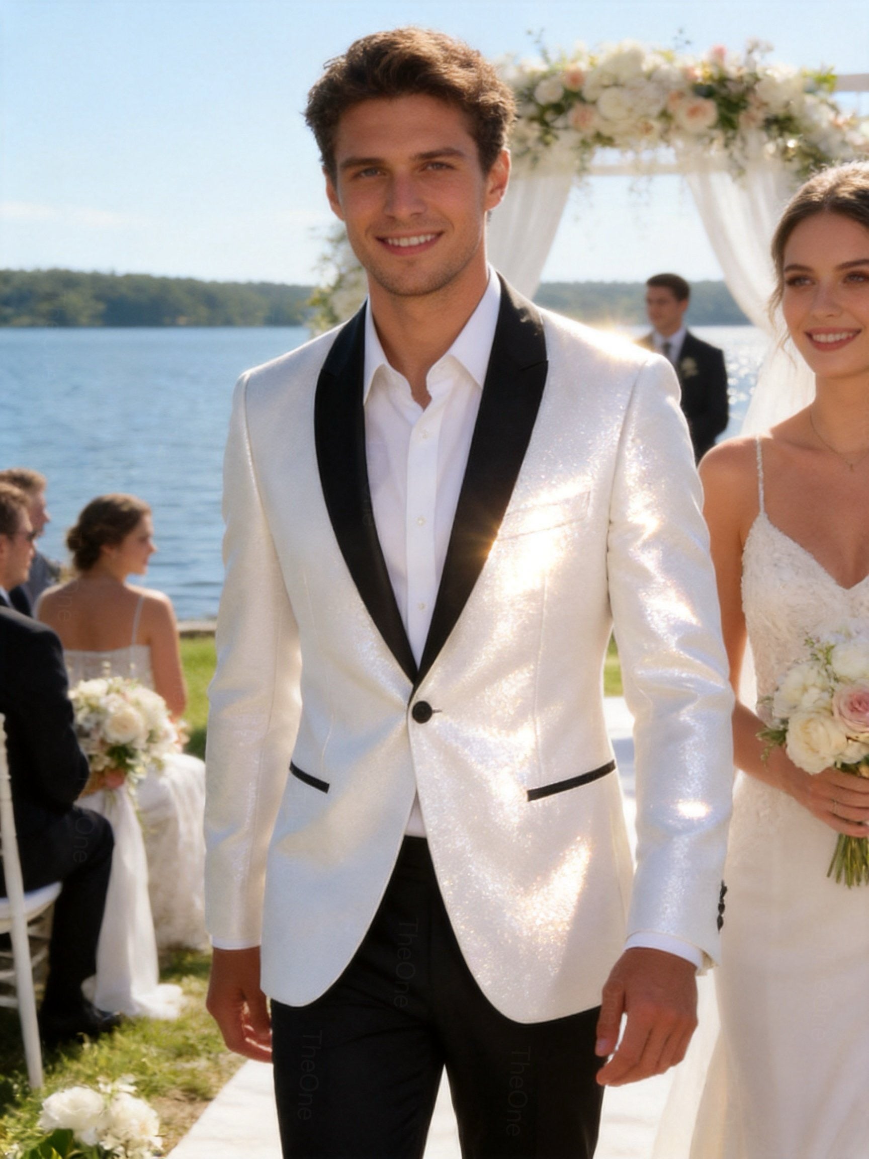 Abito Uomo Cerimonia Bianco Brillantinato Slim Fit con Rever in Raso 2 Pezzi