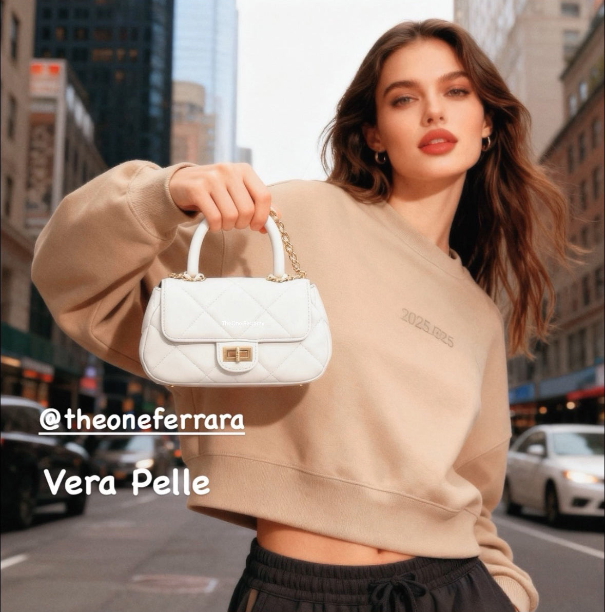 Borsa in Vera Pelle Firenze – Mini Borsa a Tracolla Trapuntata Donna 22×12×8 con Manico e Catena Dorata-2505.412