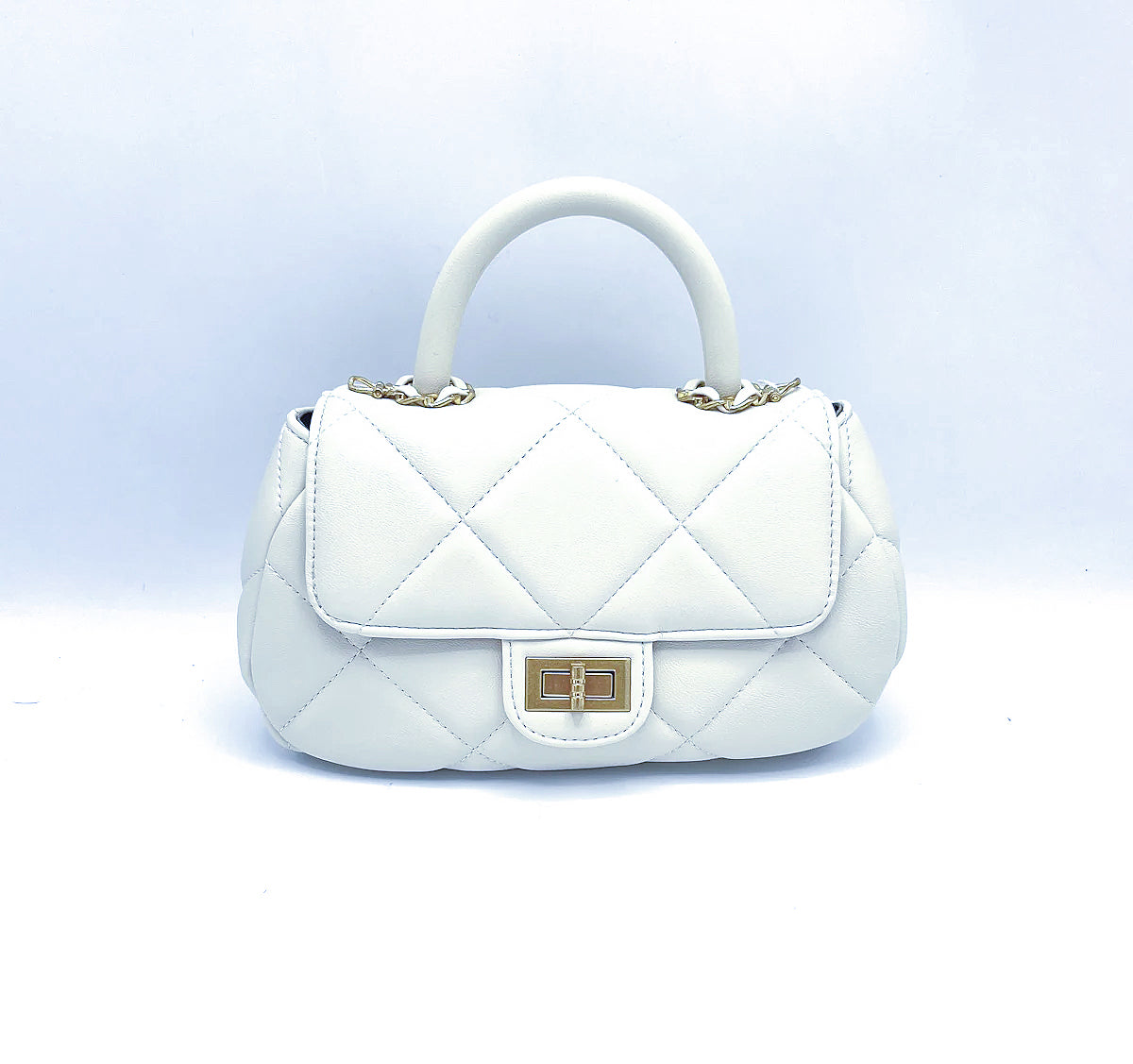Borsa in Vera Pelle Firenze – Mini Borsa a Tracolla Trapuntata Donna 22×12×8 con Manico e Catena Dorata-2505.412 Bianco Vera Pelle