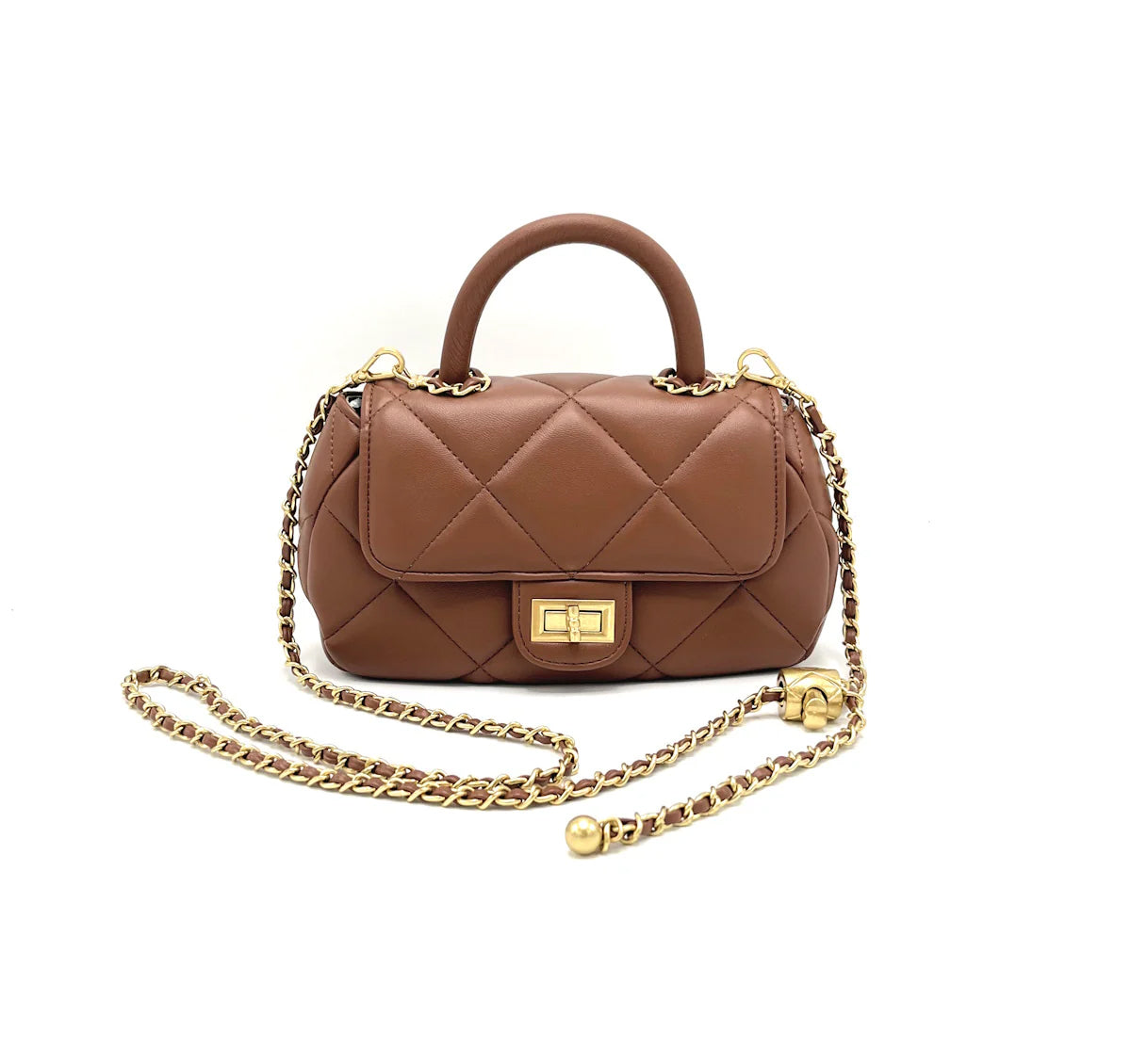 Borsa in Vera Pelle Firenze – Mini Borsa a Tracolla Trapuntata Donna 22×12×8 con Manico e Catena Dorata-2505.412 Marrone Vera Pelle