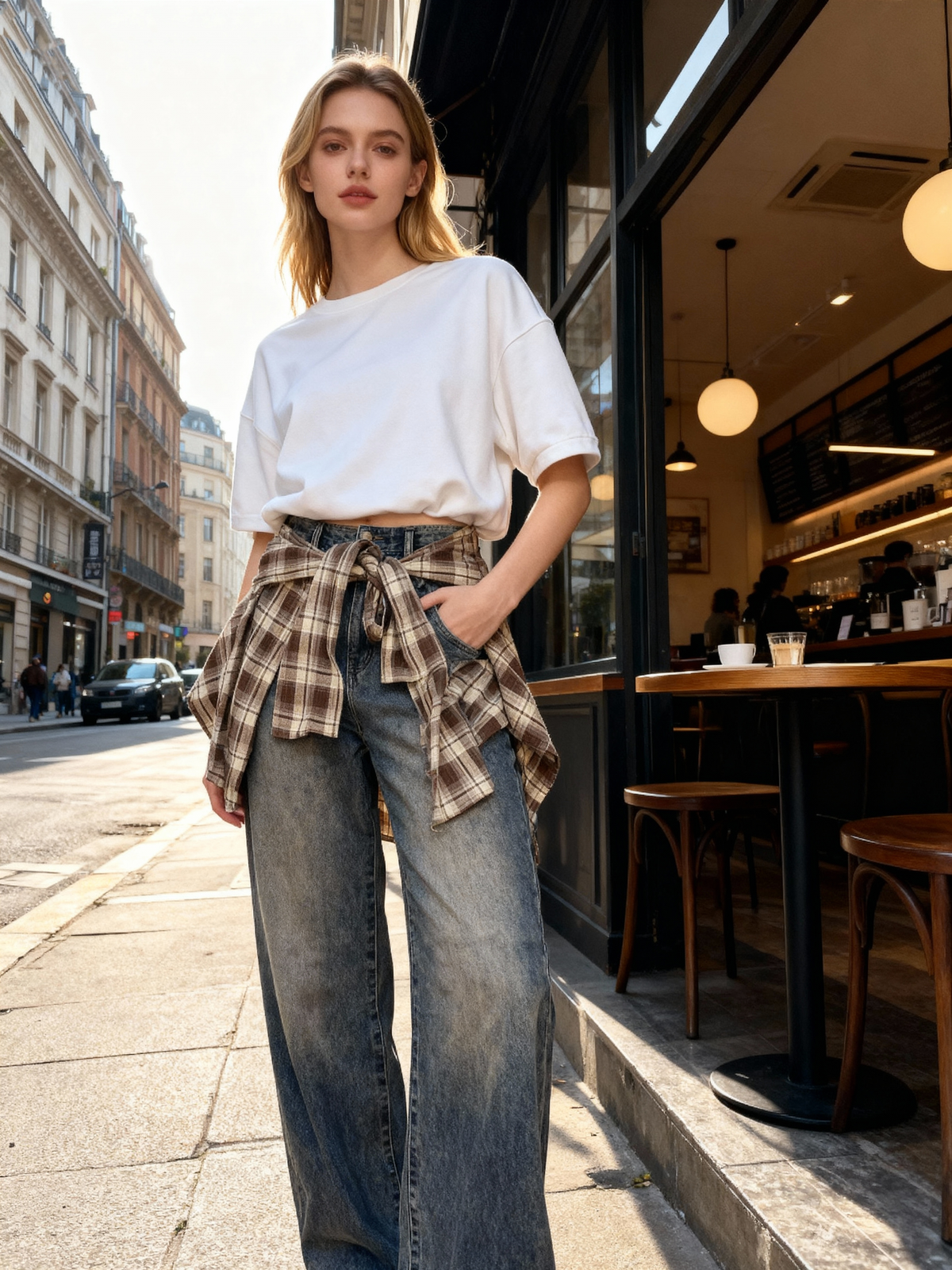 Jeans a Gamba Larga con Fascia a Quadri Rimovibile — Look Layered 2-in-1-T947