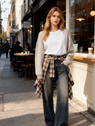 Jeans a Gamba Larga con Fascia a Quadri Rimovibile — Look Layered 2-in-1-T947