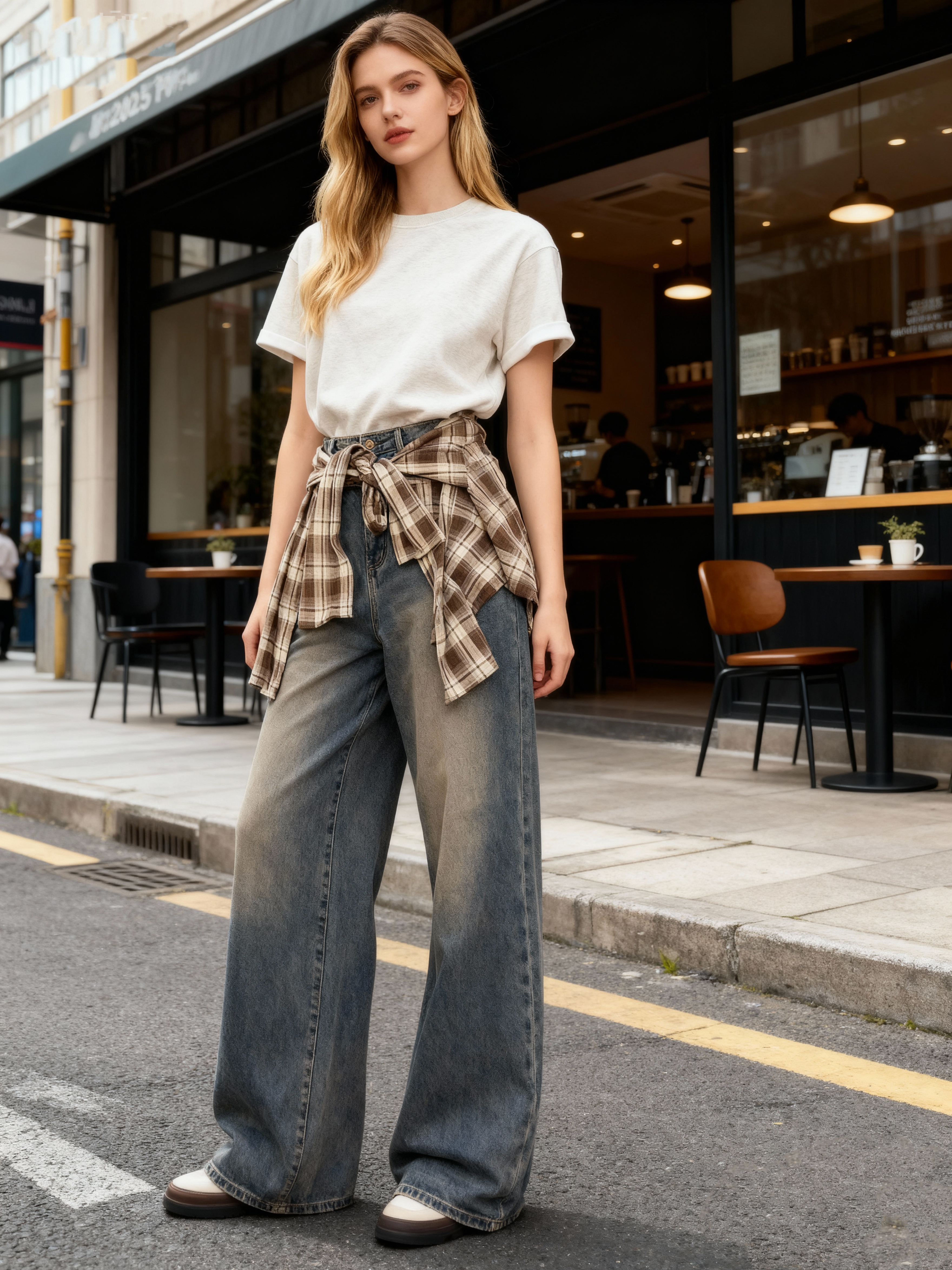 Jeans a Gamba Larga con Fascia a Quadri Rimovibile — Look Layered 2-in-1-T947