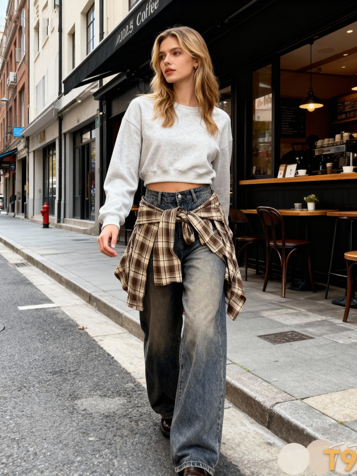 Jeans a Gamba Larga con Fascia a Quadri Rimovibile — Look Layered 2-in-1-T947 L