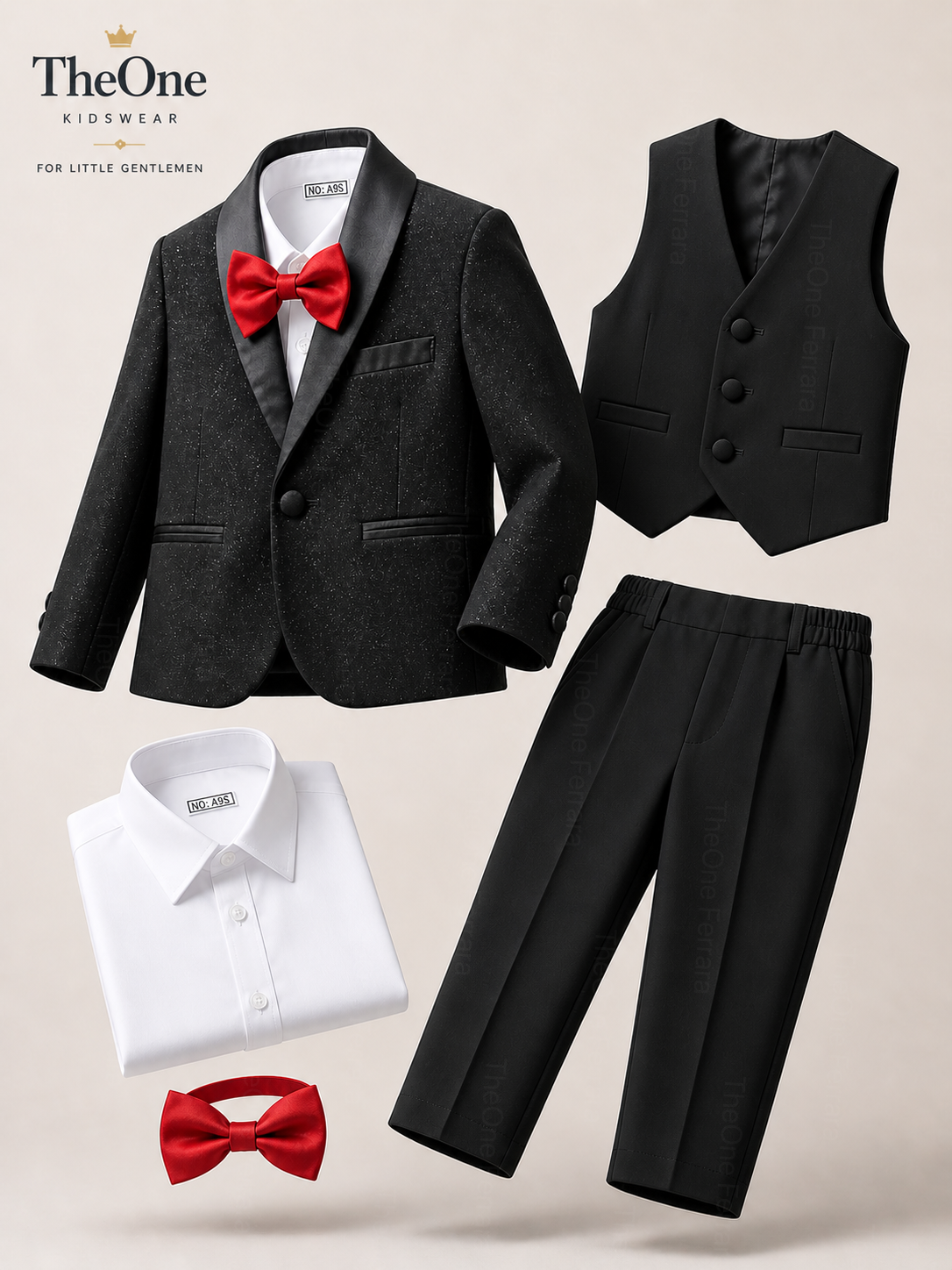Completo Elegante Bambino 5 Pezzi Smoking Nero Glitter con Papillon Rosso Nero