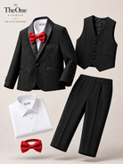 Completo Elegante Bambino 5 Pezzi Smoking Nero Glitter con Papillon Rosso Nero