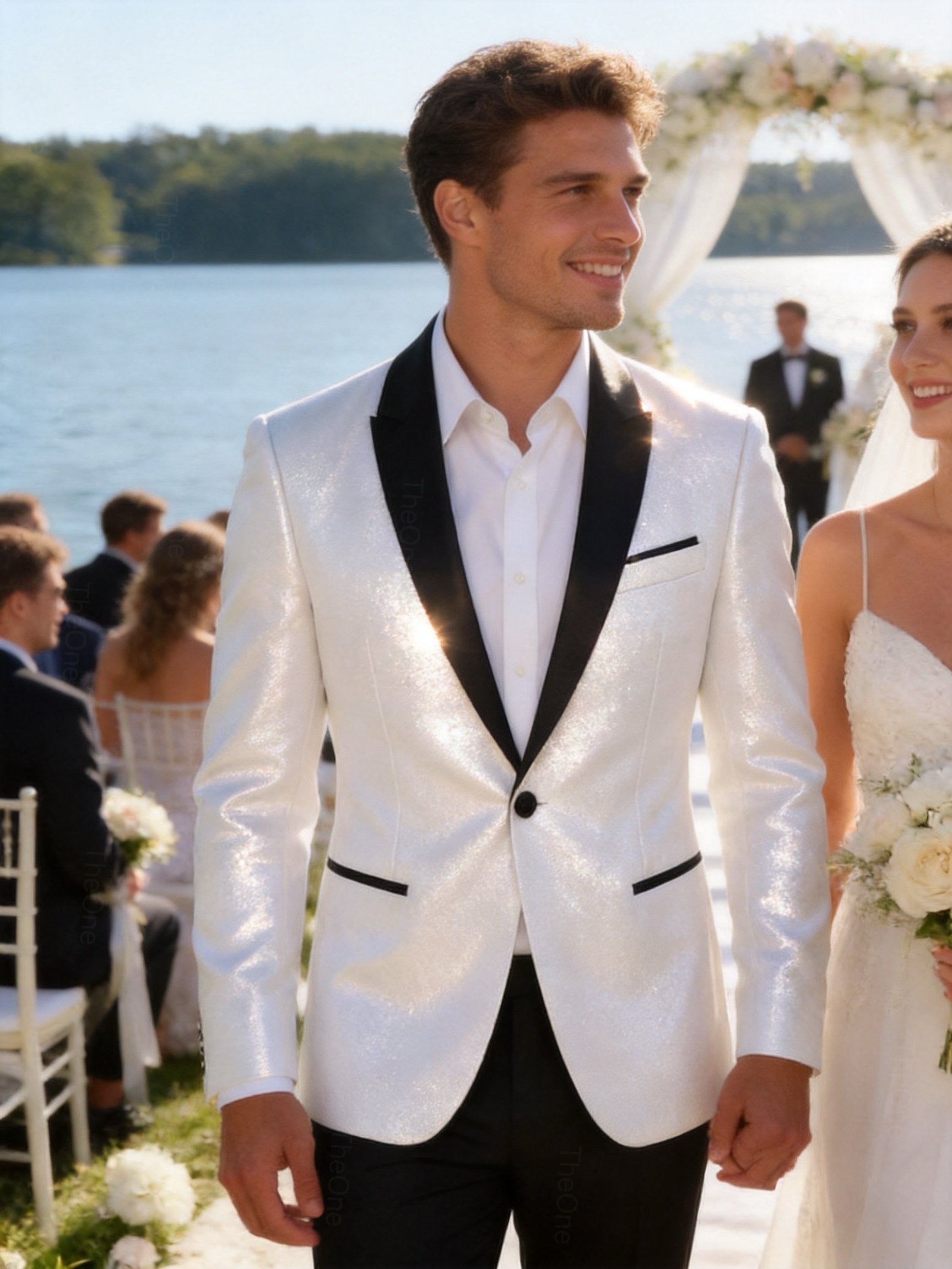Abito Uomo Cerimonia Bianco Brillantinato Slim Fit con Rever in Raso 2 Pezzi