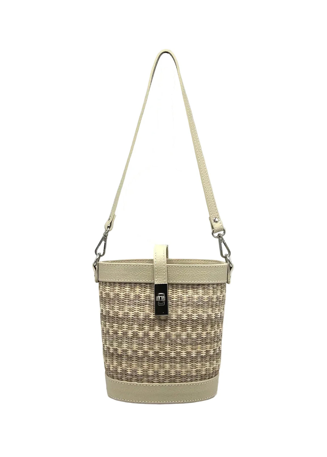 Borsa a Tracolla Estiva in Vera Pelle e Rafia, 2 Tracolle Removibili, Made in Italy – art. 112728 Beige