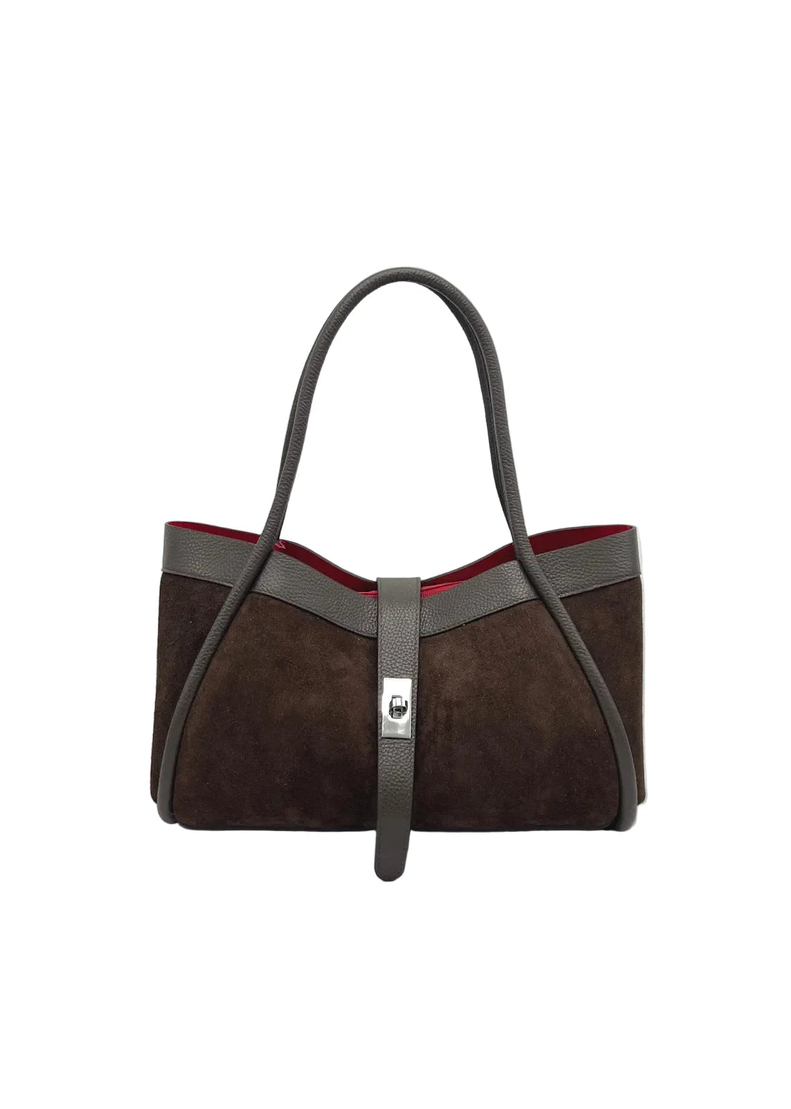 Borsa a Mano in Vera Pelle e Camoscio, Tracolla Removibile, Made in Italy – art. 112752 Marrone scuro