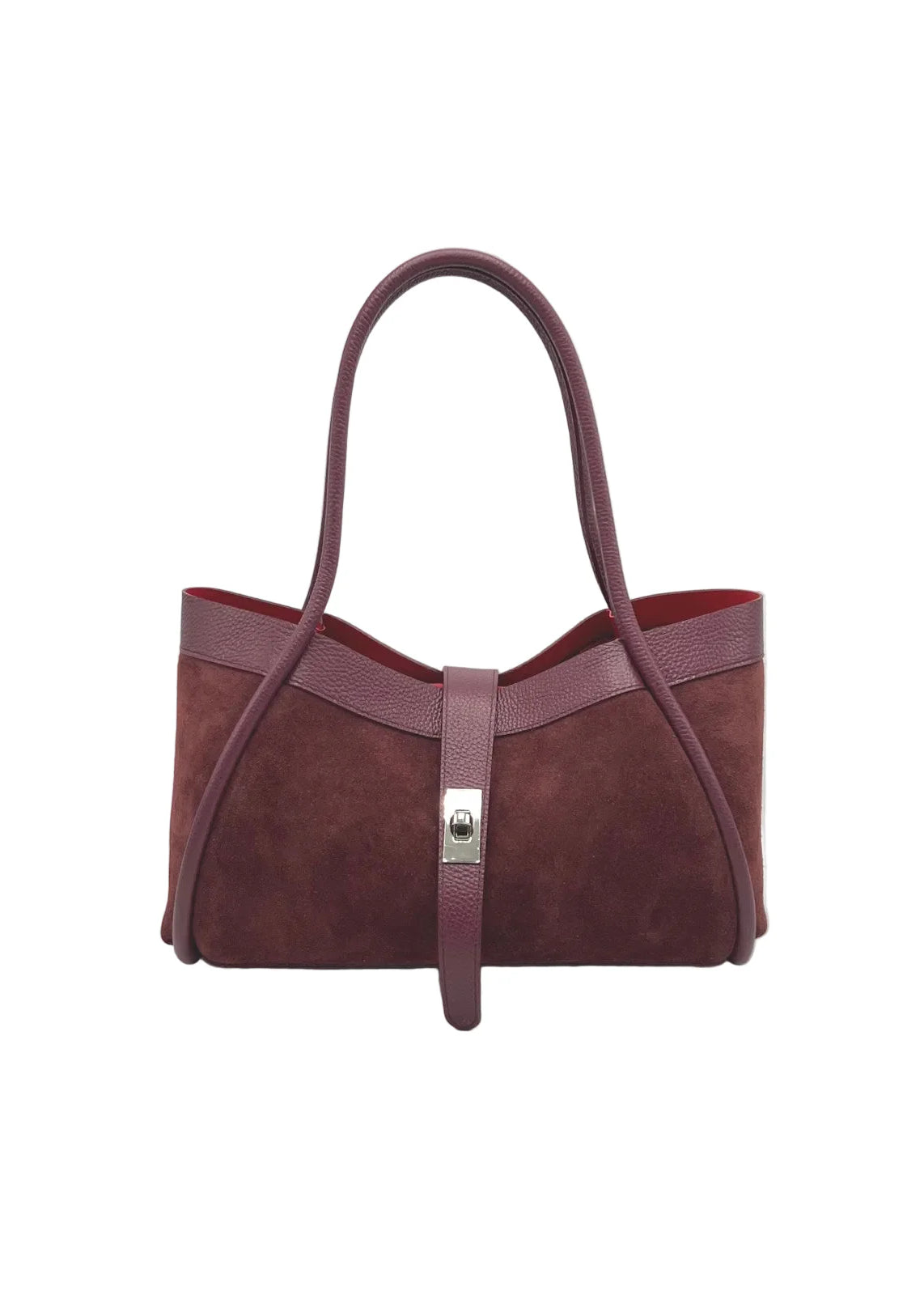 Borsa a Mano in Vera Pelle e Camoscio, Tracolla Removibile, Made in Italy – art. 112752 Rosso scuro